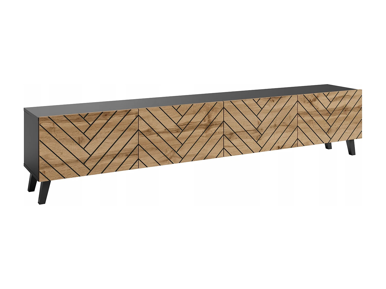 Moderner 190 cm Graphit/Chêne Wotan TV-Ständer mit Chevron-Fronten, 4 Klappen, 2 Fächer
