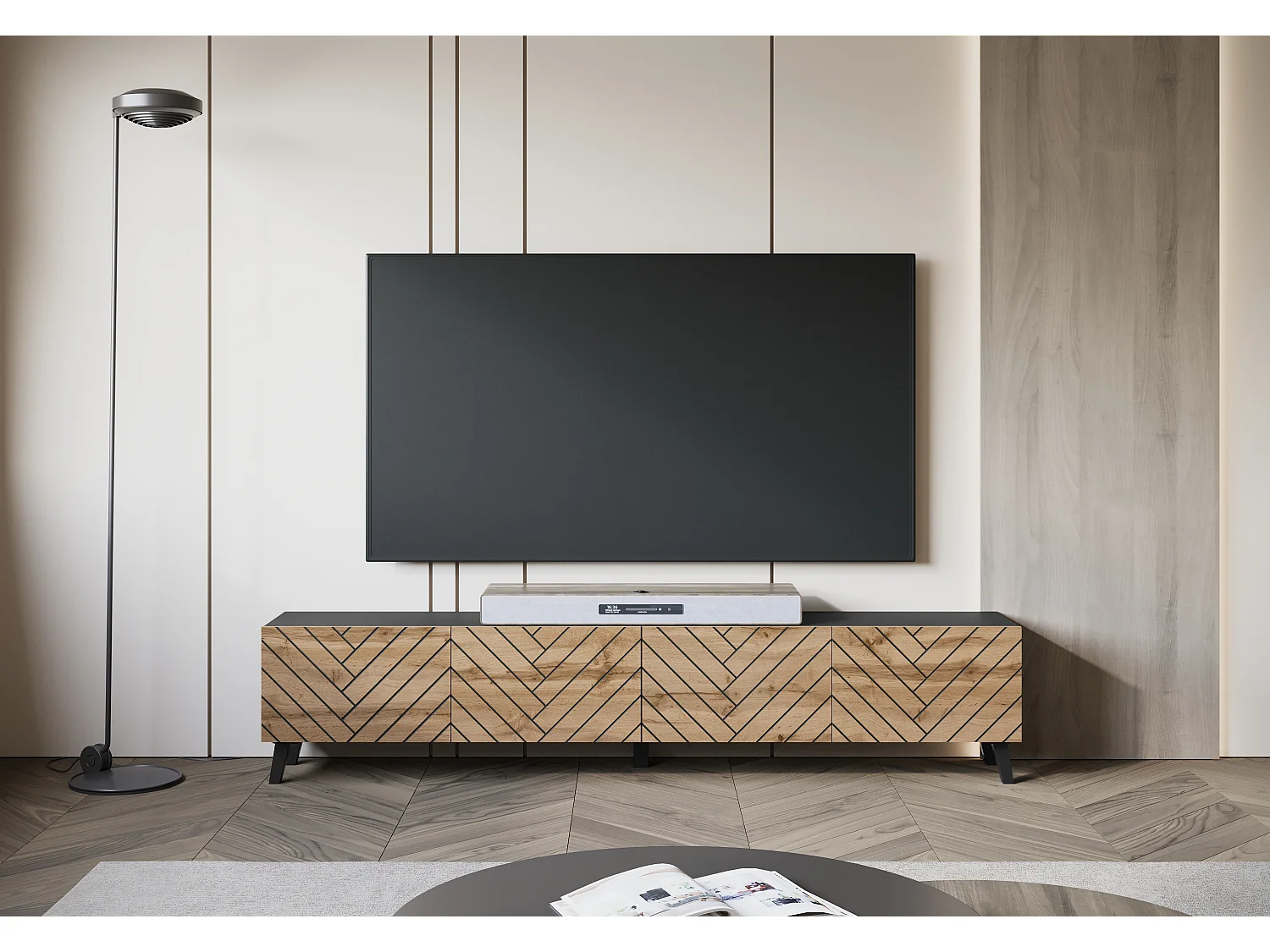 Moderner 190 cm Graphit/Chêne Wotan TV-Ständer mit Chevron-Fronten, 4 Klappen, 2 Fächer