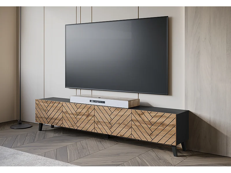 Meuble TV moderne 190 cm noir graphite/chêne wotan sur pieds pour salon, façades MDF rainurées en chevrons