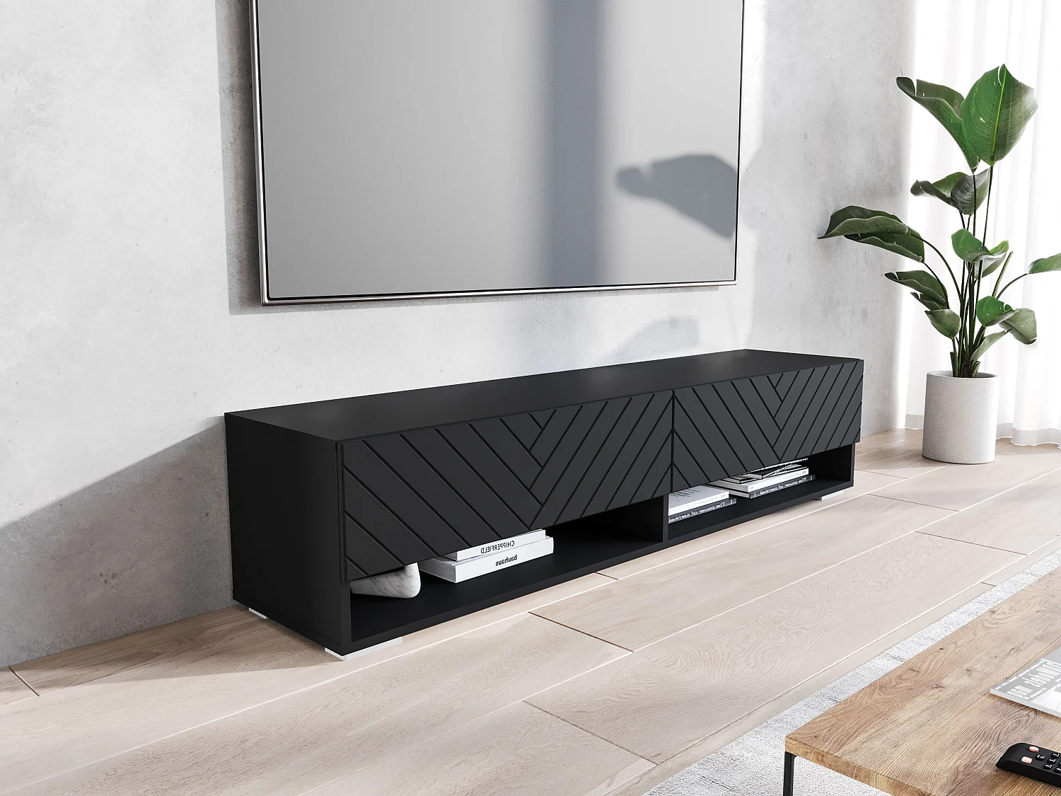 Meuble TV moderne 140 cm – corps mat, façades MDF motif chevrons, sans poignées, posé ou suspendu, 1 abattant, 2 niches, couleur graphite noir