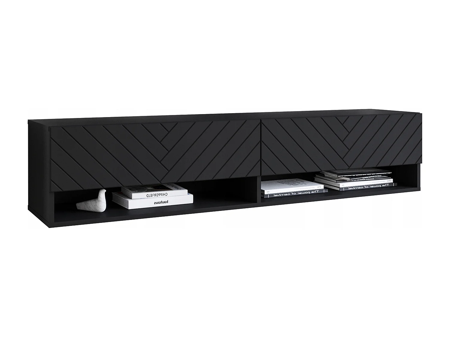 Meuble TV moderne 140 cm – corps mat, façades MDF motif chevrons, sans poignées, posé ou suspendu, 1 abattant, 2 niches, couleur graphite noir
