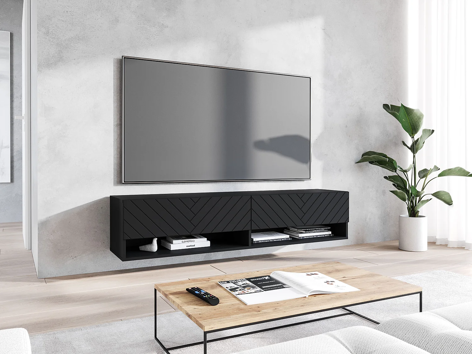 Meuble TV moderne 140 cm – corps mat, façades MDF motif chevrons, sans poignées, posé ou suspendu, 1 abattant, 2 niches, couleur graphite noir