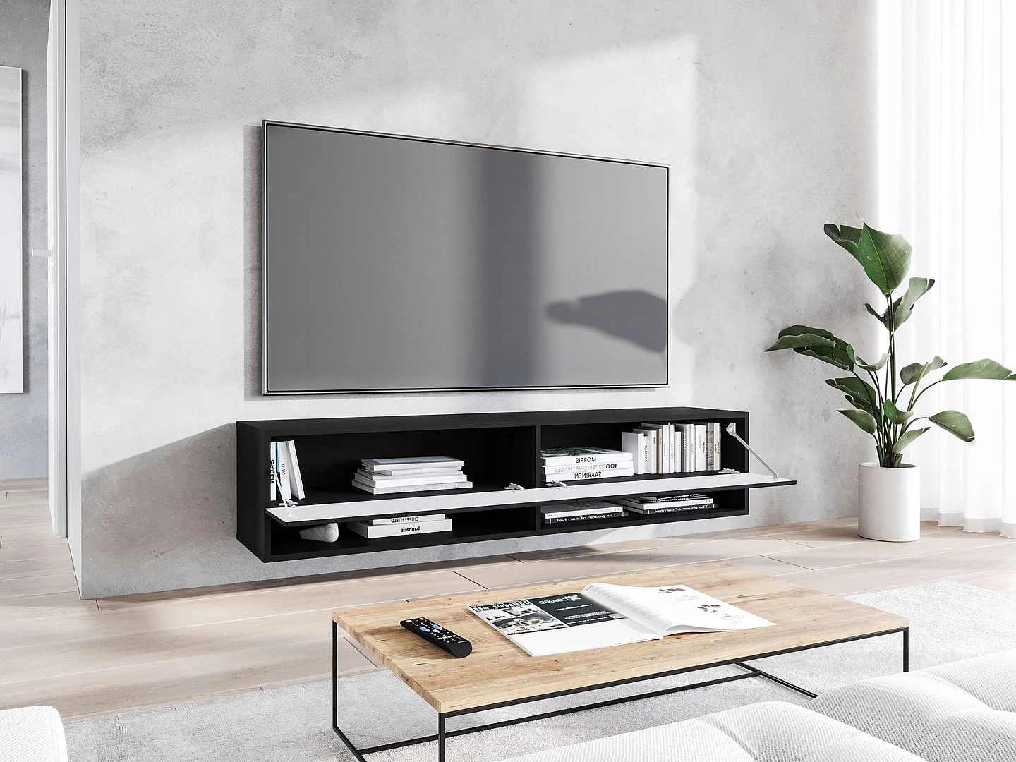 Meuble TV moderne 140 cm – corps mat, façades MDF motif chevrons, sans poignées, posé ou suspendu, 1 abattant, 2 niches, couleur graphite noir