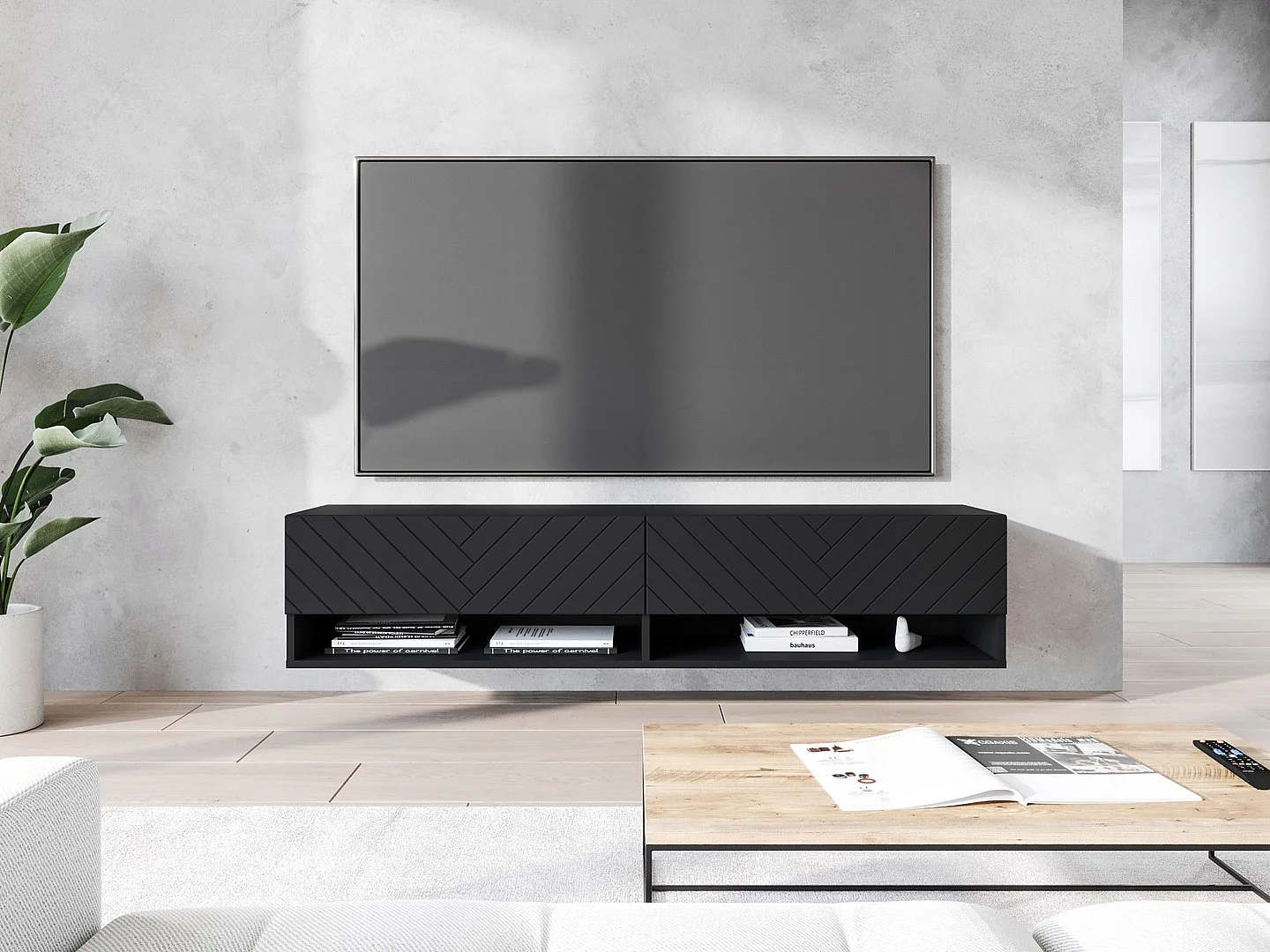 Moderne TV-kast 140 cm corpus mat, fronten MDF in visgraat, greeploos, staand of hangend, 1 klep, 2 open vakken, kleur zwart grafiet