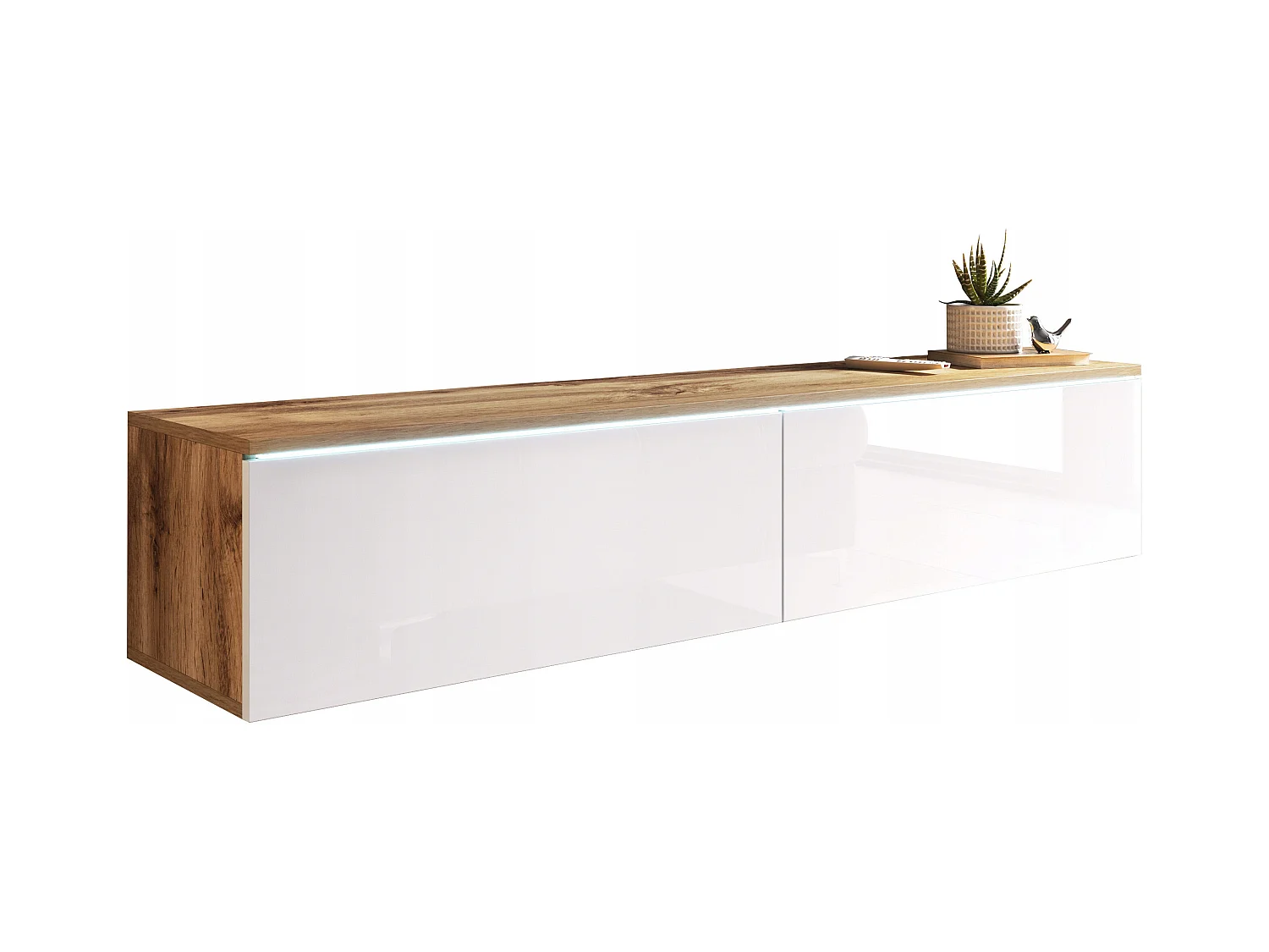 Moderne TV-meubel 140 cm voor woonkamer – 2-deurs, greeploos, romp wotan eiken mat / fronten wit hoogglans, staand of hangend