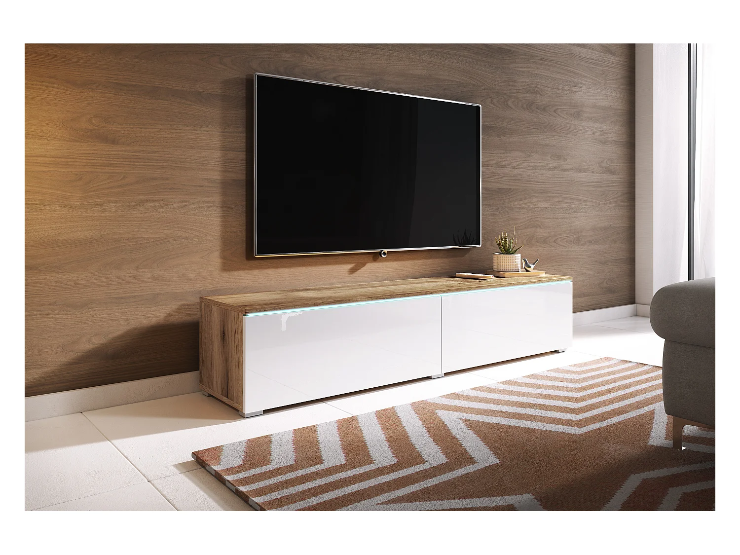 Meuble TV moderne 140 cm pour salon – 2 portes sans poignées, corps chêne wotan mat / façades blanc brillant, posé ou suspendu