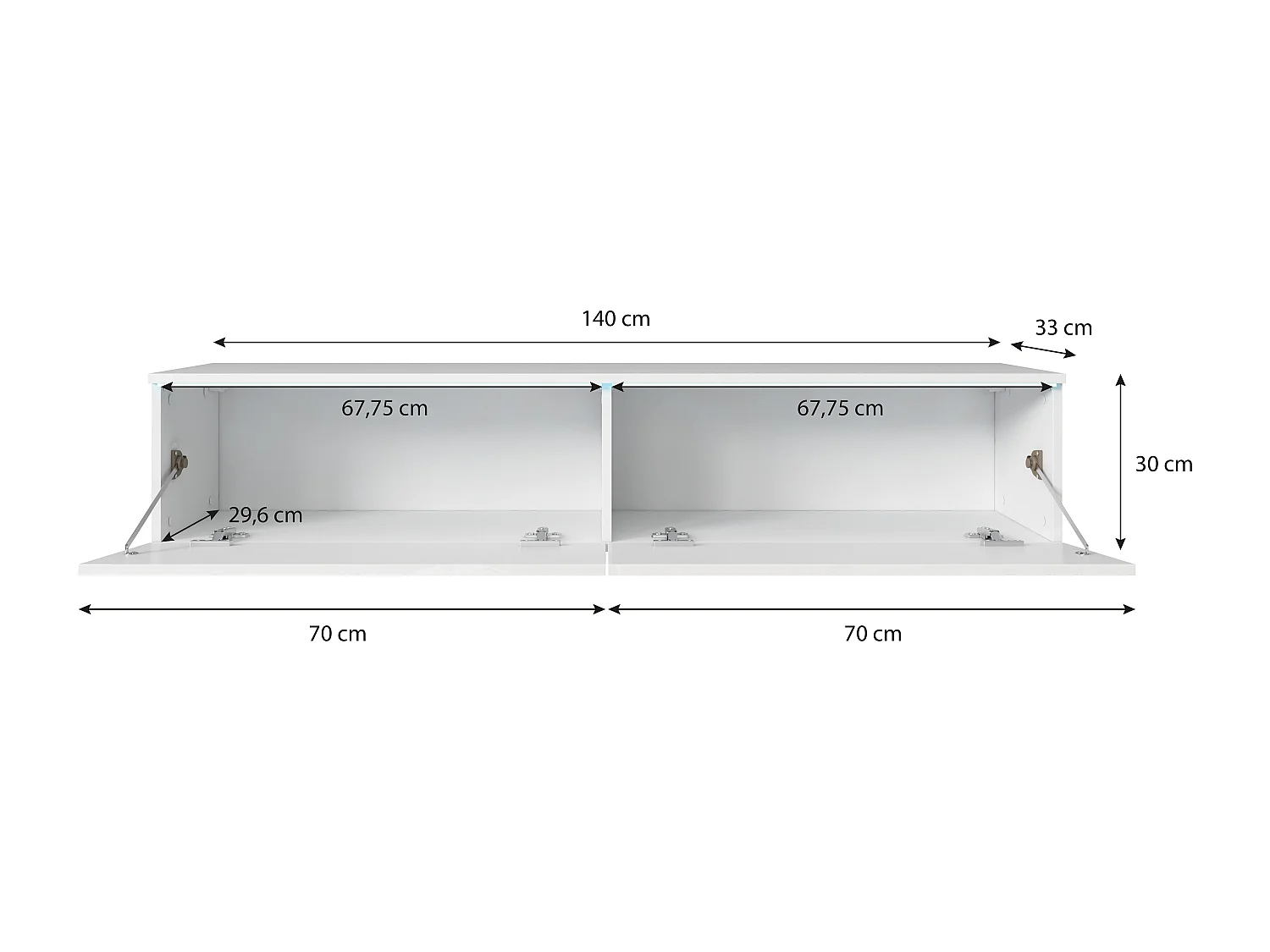 Meuble TV moderne 140 cm pour salon – 2 portes sans poignées, corps chêne wotan mat / façades blanc brillant, posé ou suspendu