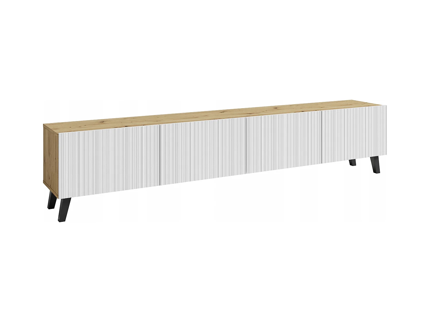 Nowoczesna szafka RTV 190 cm artisan na nóżkach do salonu, fronty MDF białe ryfle, 4 klapy