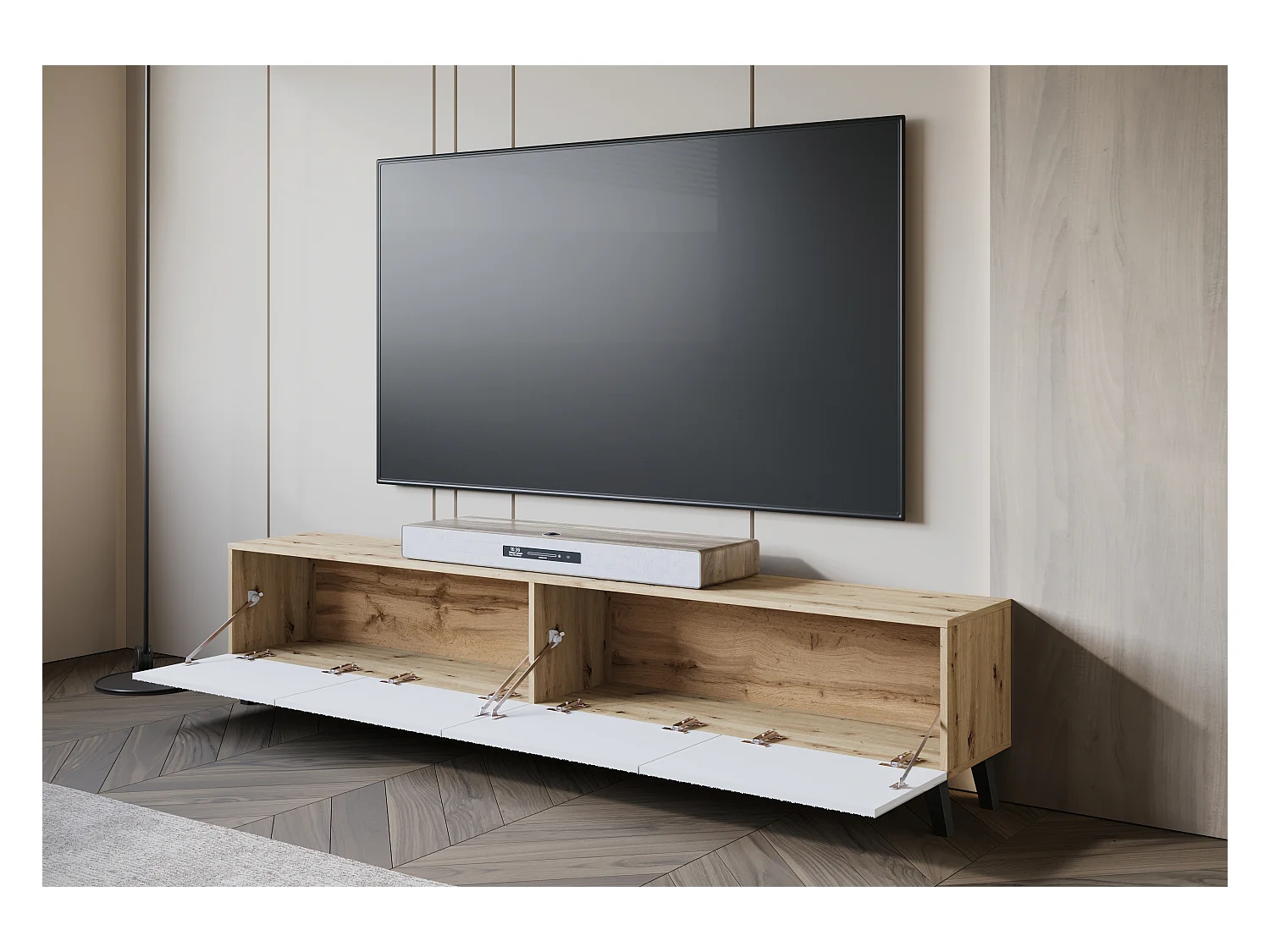 Nowoczesna szafka RTV 190 cm artisan na nóżkach do salonu, fronty MDF białe ryfle, 4 klapy