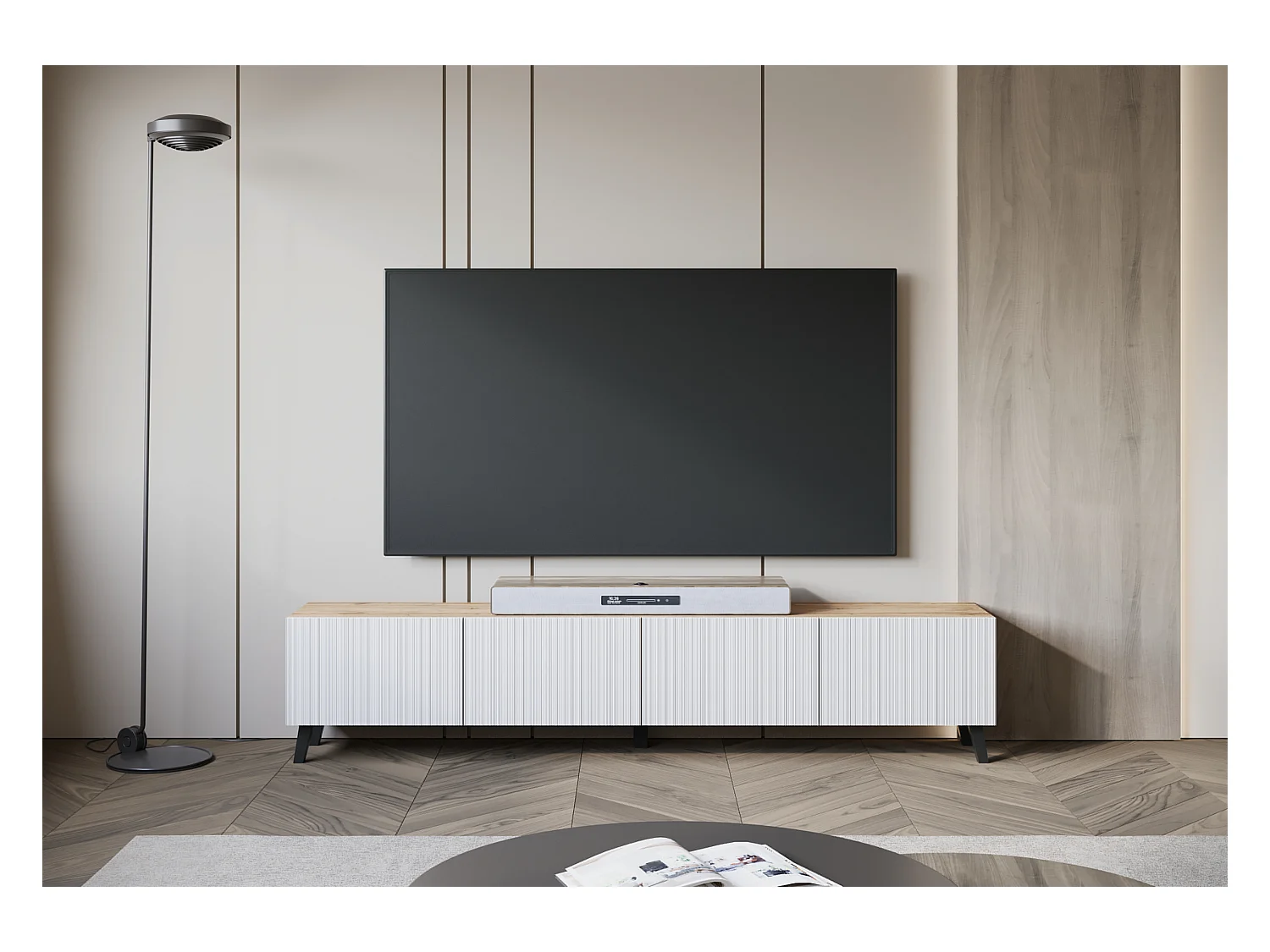 Nowoczesna szafka RTV 190 cm artisan na nóżkach do salonu, fronty MDF białe ryfle, 4 klapy