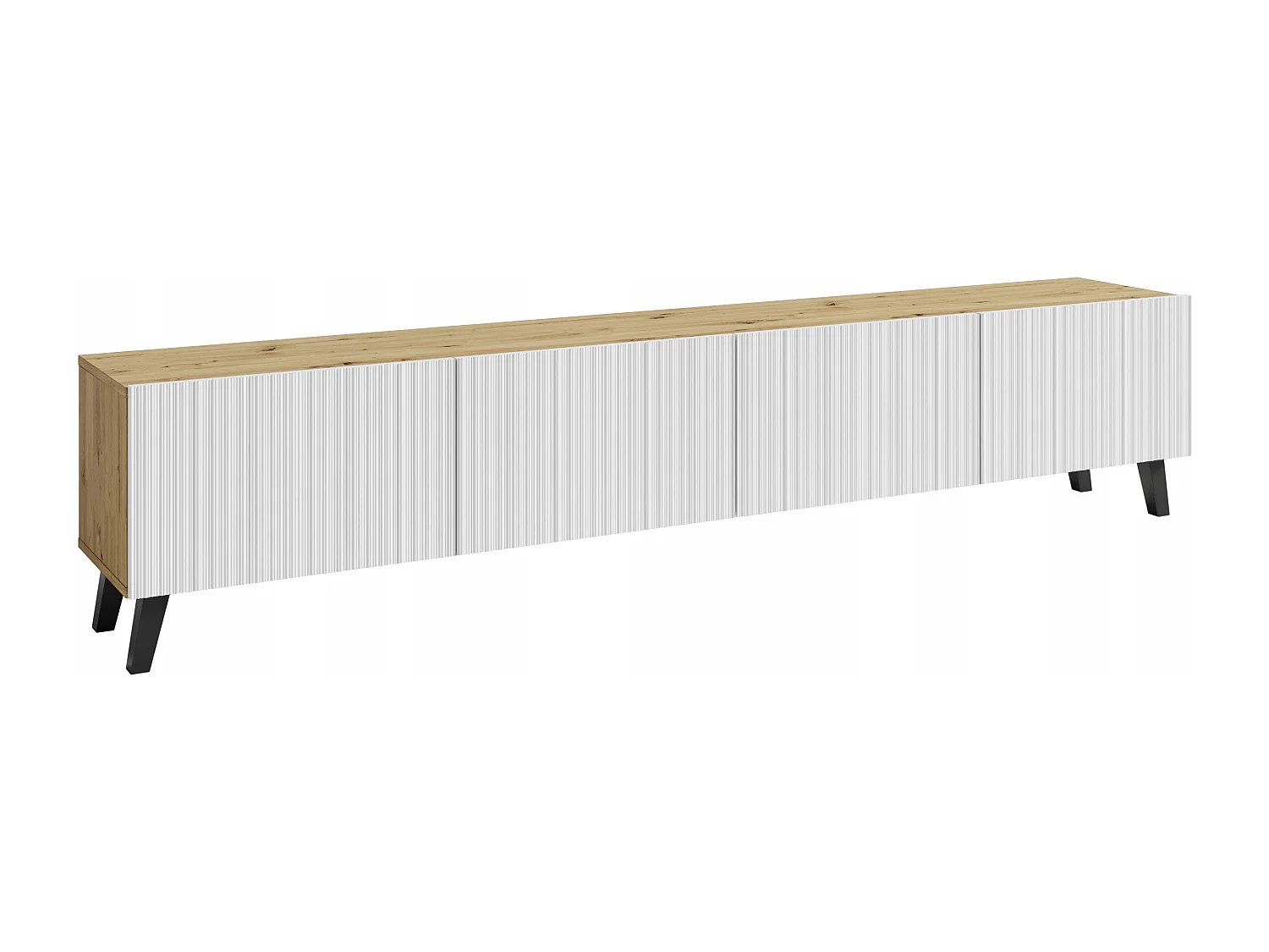 Meuble TV moderne 190 cm artisan sur pieds pour salon, façades MDF blanches rainurées, 4 abattants