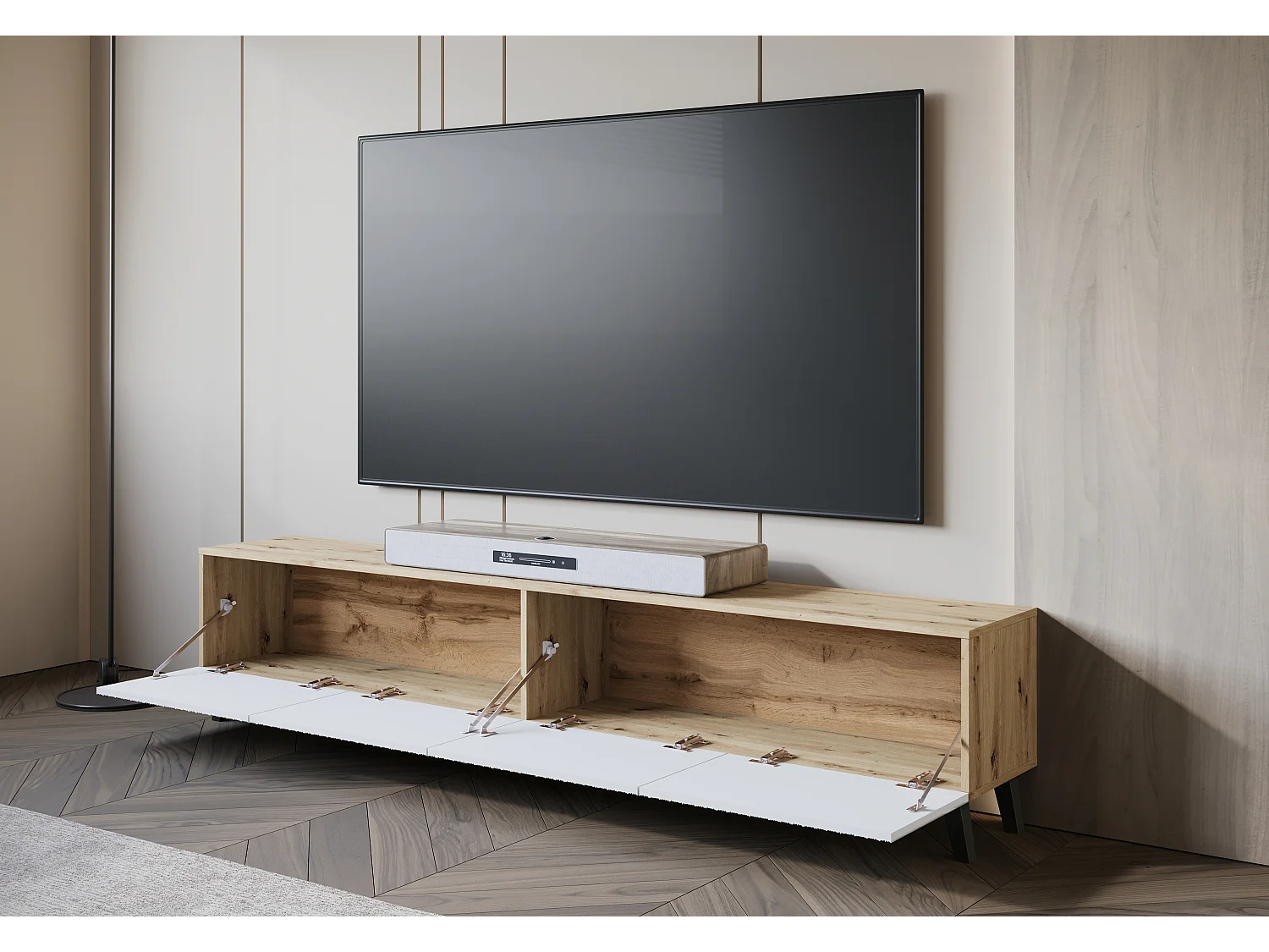 Meuble TV moderne 190 cm artisan sur pieds pour salon, façades MDF blanches rainurées, 4 abattants