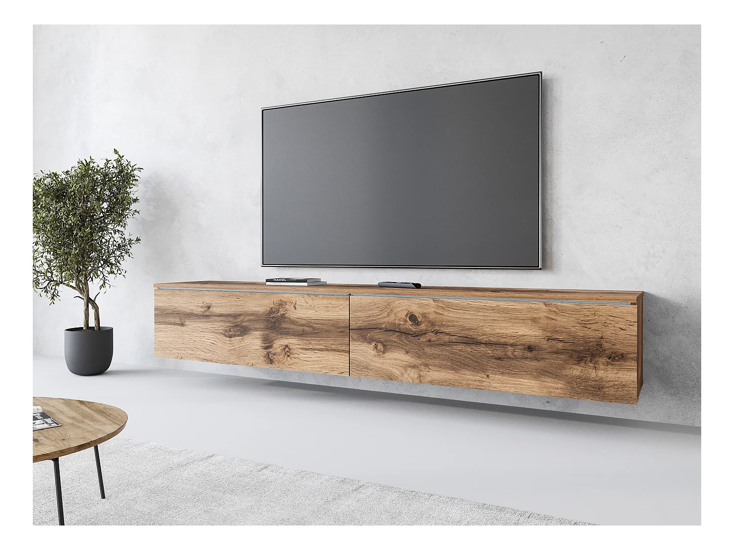 Meuble TV moderne 180 cm pour salon – 2 portes, sans poignées, finition mate, à poser ou à suspendre, chêne wotan / chêne wotan