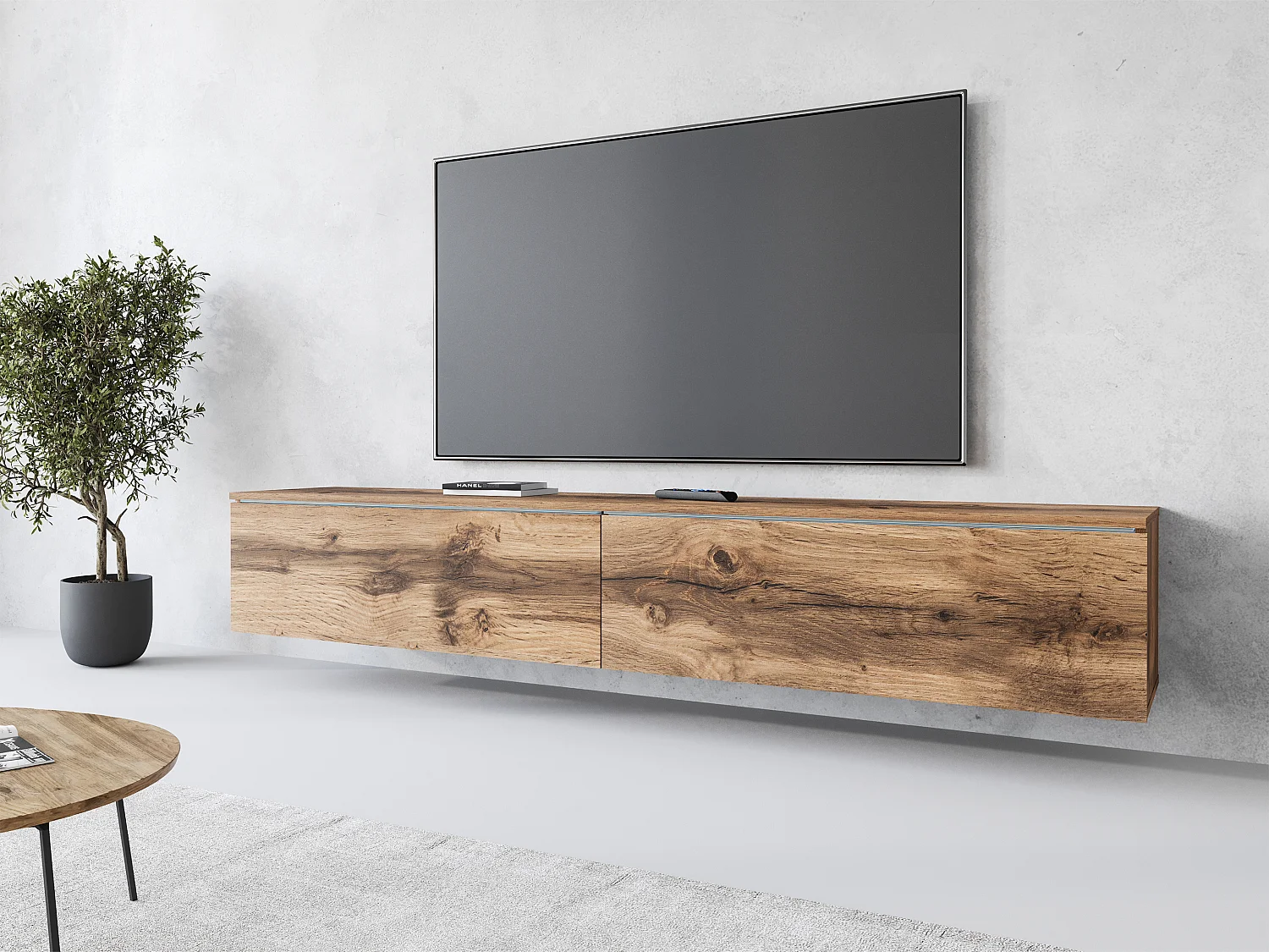 Moderner 180 cm TV-Ständer - Matte Oberfläche, 2 Türen, grifflos, Wand- oder Bodenmontage, Wotan-Eiche