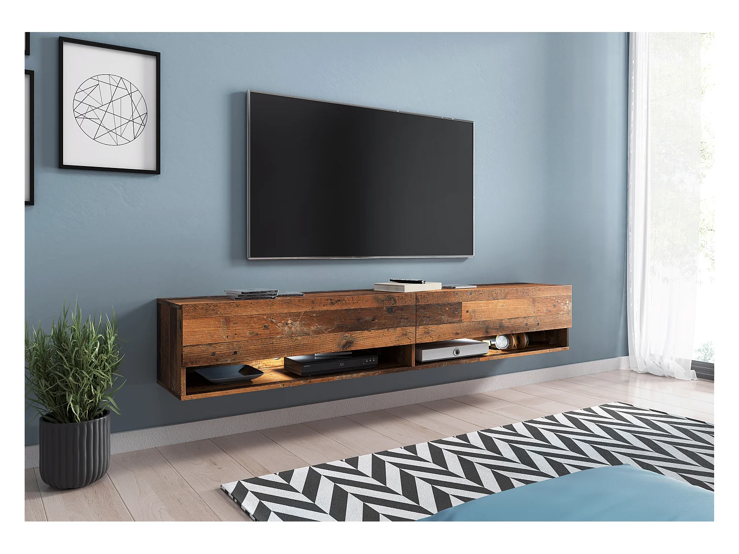Meuble TV moderne 180 cm – sans poignées, coloris Old Style, mat, posé ou suspendu
