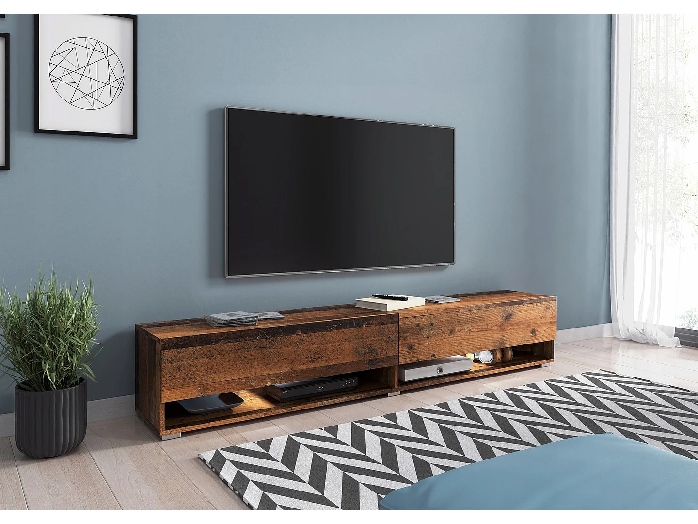 Meuble TV moderne 180 cm – sans poignées, coloris Old Style, mat, posé ou suspendu