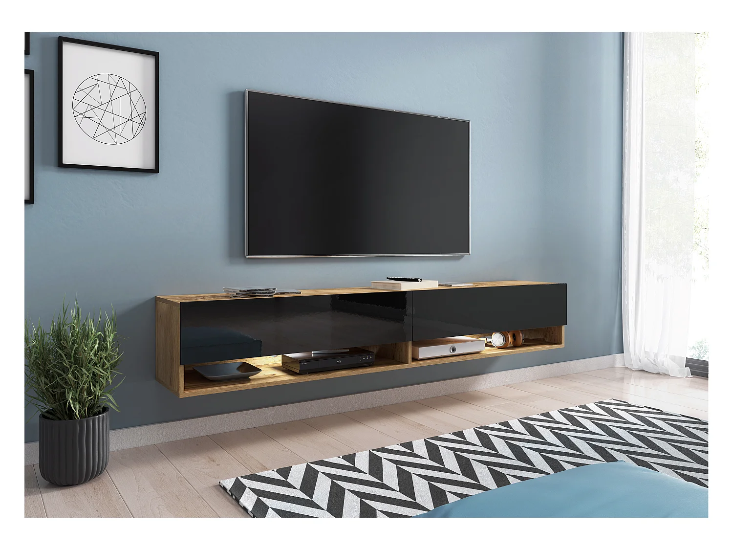 Meuble TV moderne 180 cm – sans poignées, corps chêne Wotan, façades noir brillant, posé ou suspendu