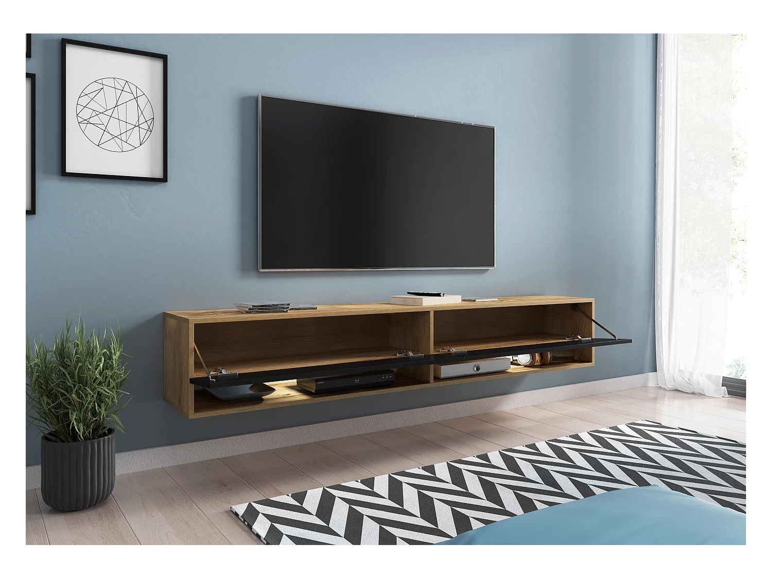 Meuble TV moderne 180 cm – sans poignées, corps chêne Wotan, façades noir brillant, posé ou suspendu