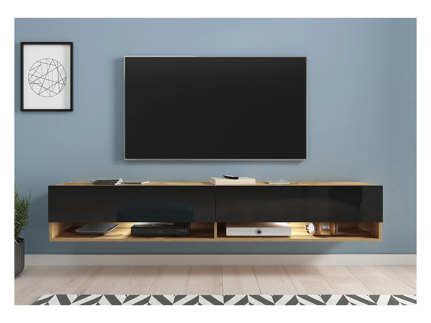 Meuble TV moderne 180 cm – sans poignées, corps chêne Wotan, façades noir brillant, posé ou suspendu