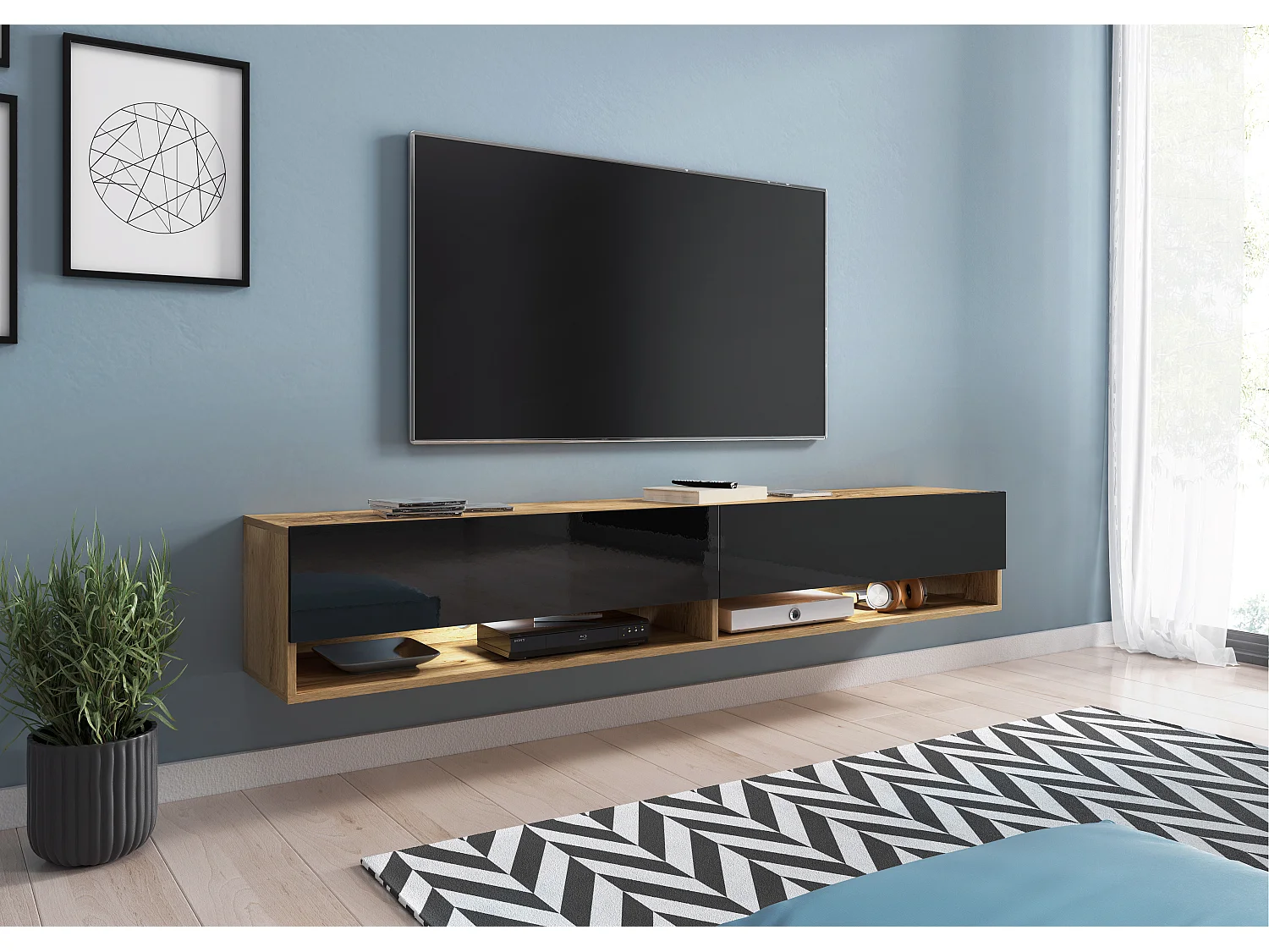 Meuble TV moderne 180 cm – sans poignées, corps chêne Wotan, façades noir brillant, posé ou suspendu