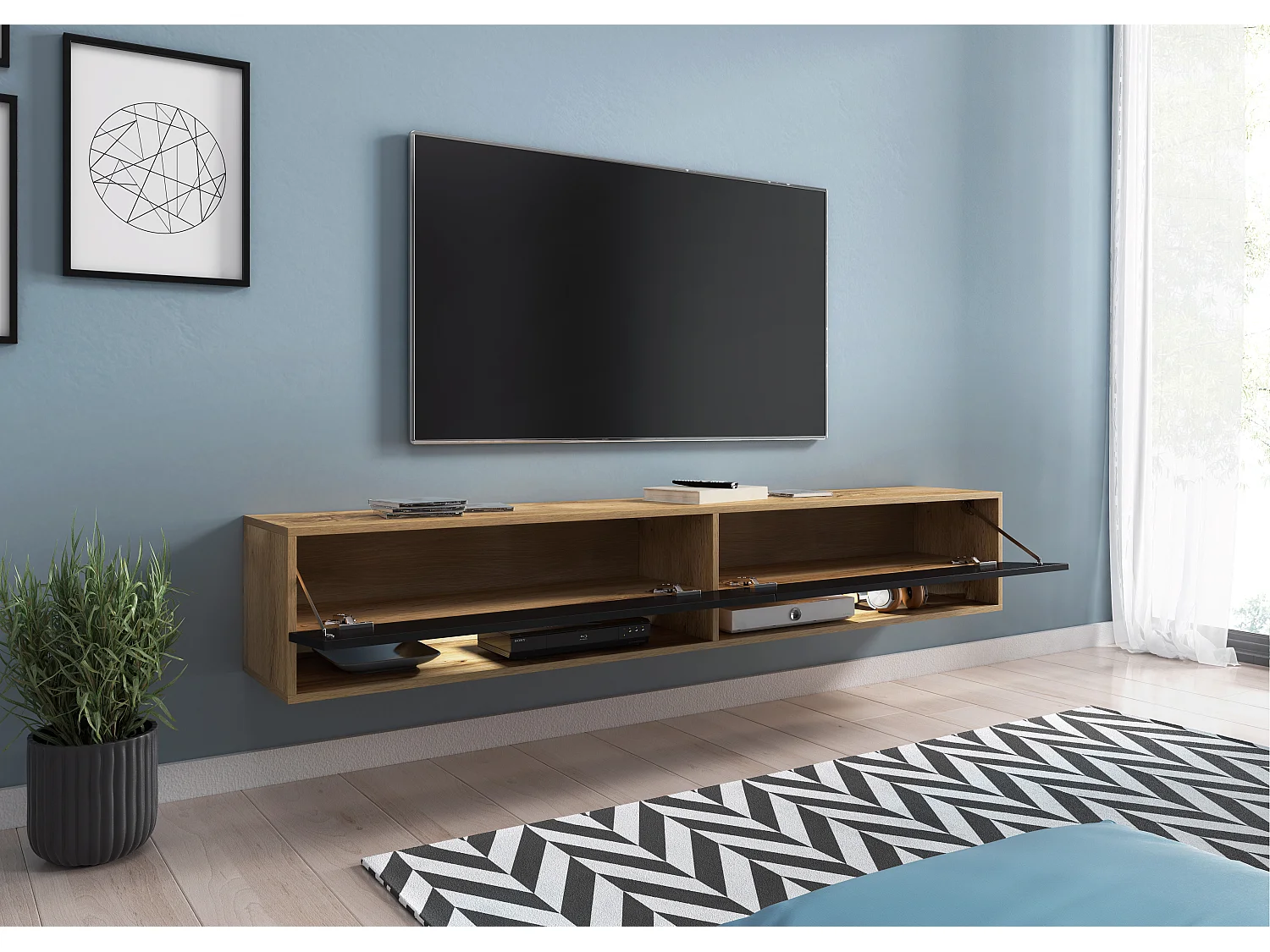 Meuble TV moderne 180 cm – sans poignées, corps chêne Wotan, façades noir brillant, posé ou suspendu