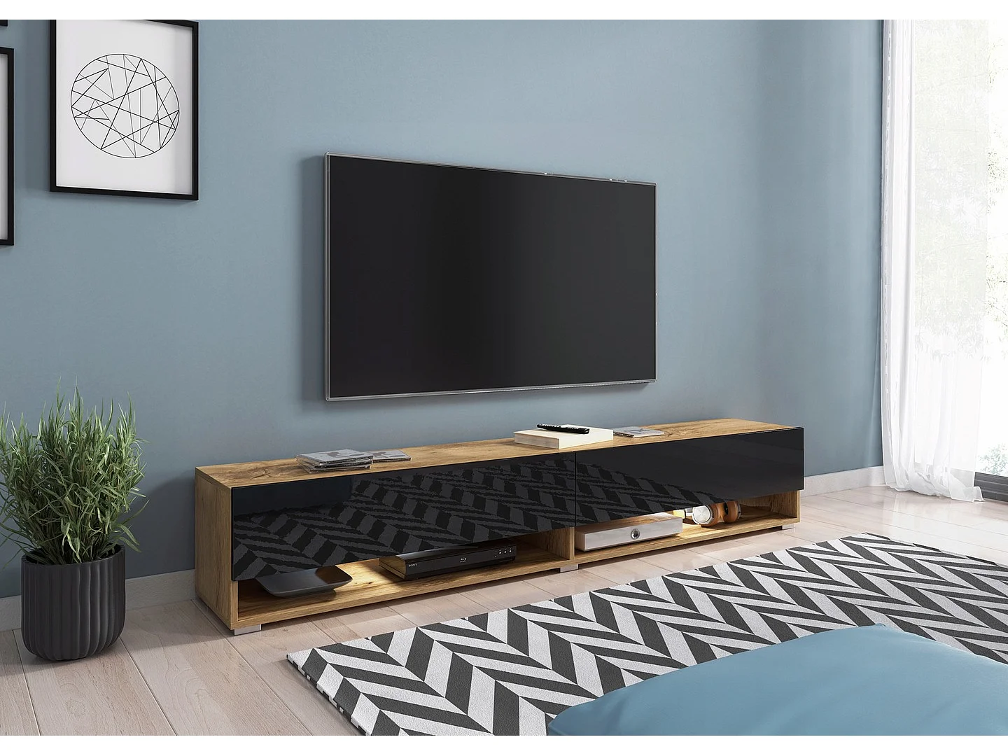 Meuble TV moderne 180 cm – sans poignées, corps chêne Wotan, façades noir brillant, posé ou suspendu