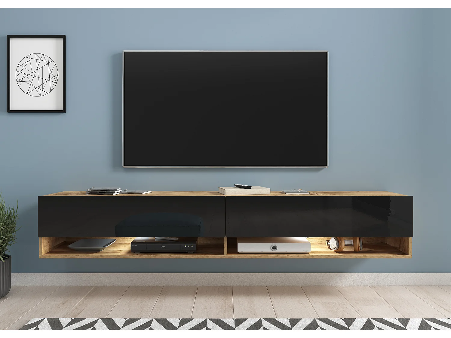 Meuble TV moderne 180 cm – sans poignées, corps chêne Wotan, façades noir brillant, posé ou suspendu