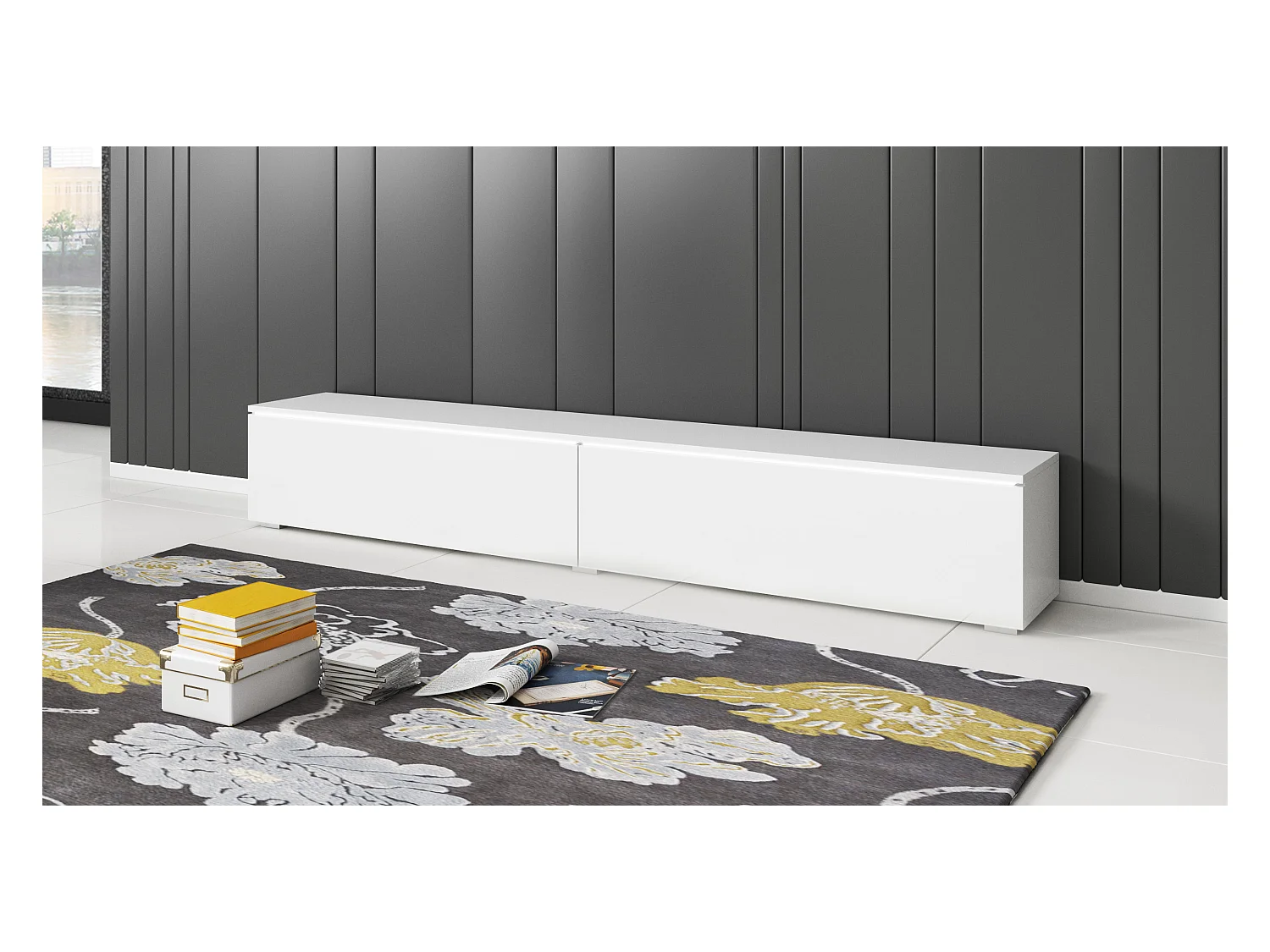 Móvel de TV moderno 180 cm para sala – 2 portas, sem puxadores, mate + brilho, de chão ou suspenso, branco / branco brilho