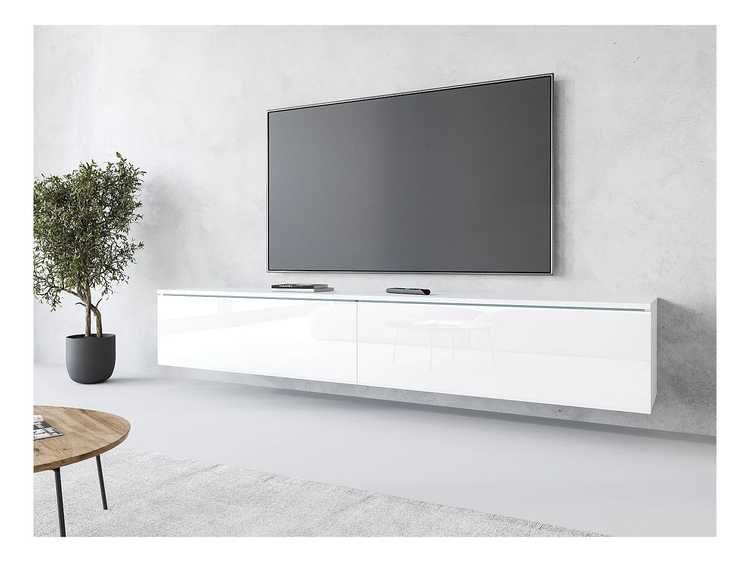 Meuble TV moderne 180 cm pour salon – 2 portes, sans poignées, mat + brillant, à poser ou à suspendre, blanc / blanc brillant
