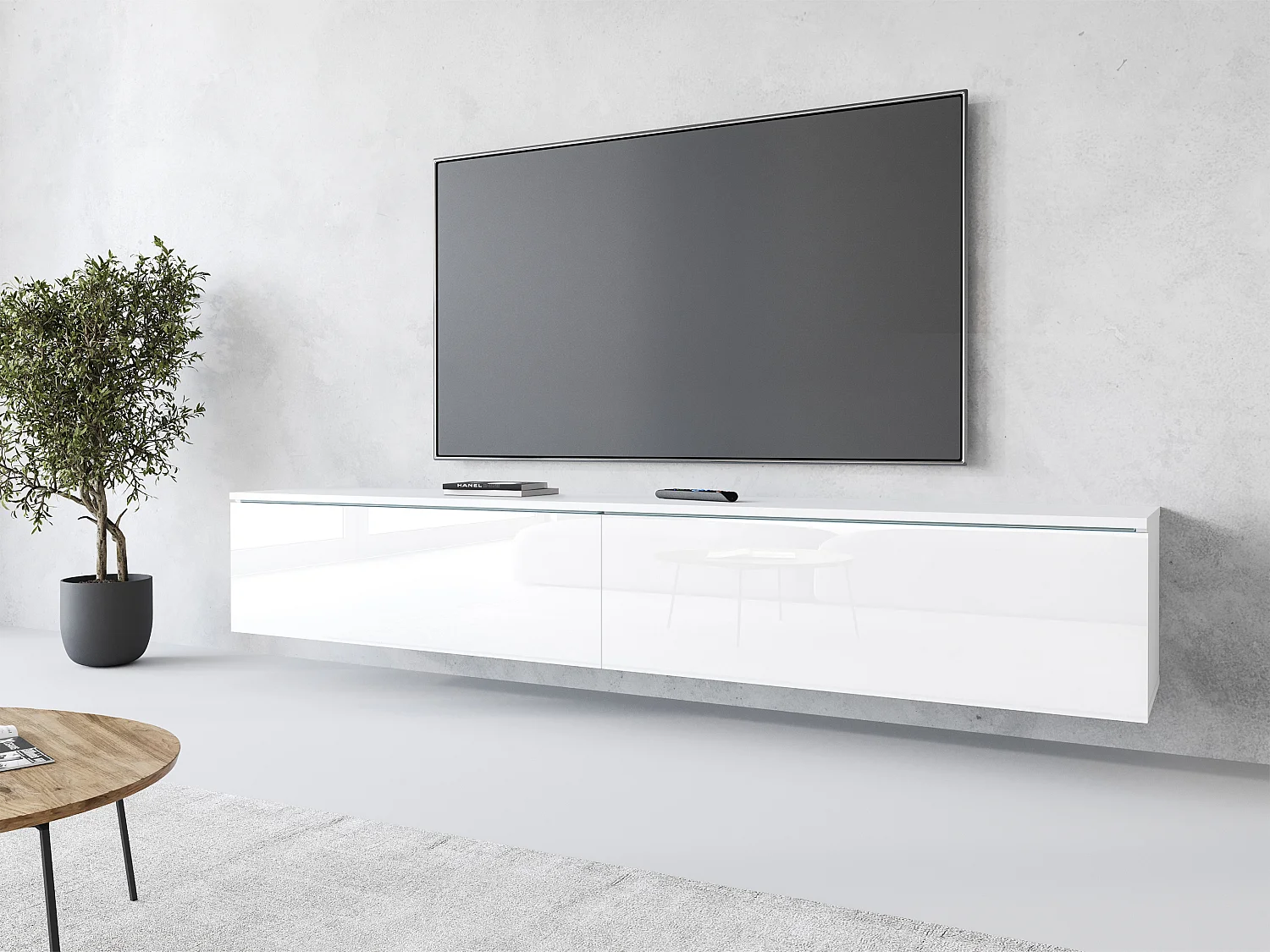 Meuble TV moderne 180 cm pour salon – 2 portes, sans poignées, mat + brillant, à poser ou à suspendre, blanc / blanc brillant