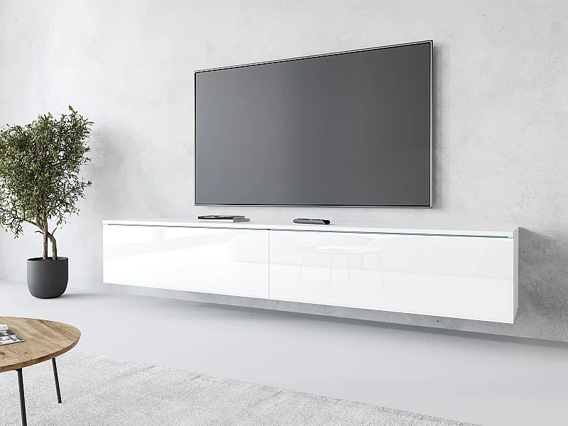 Meuble TV moderne 180 cm pour salon – 2 portes, sans poignées, mat + brillant, à poser ou à suspendre, blanc / blanc brillant