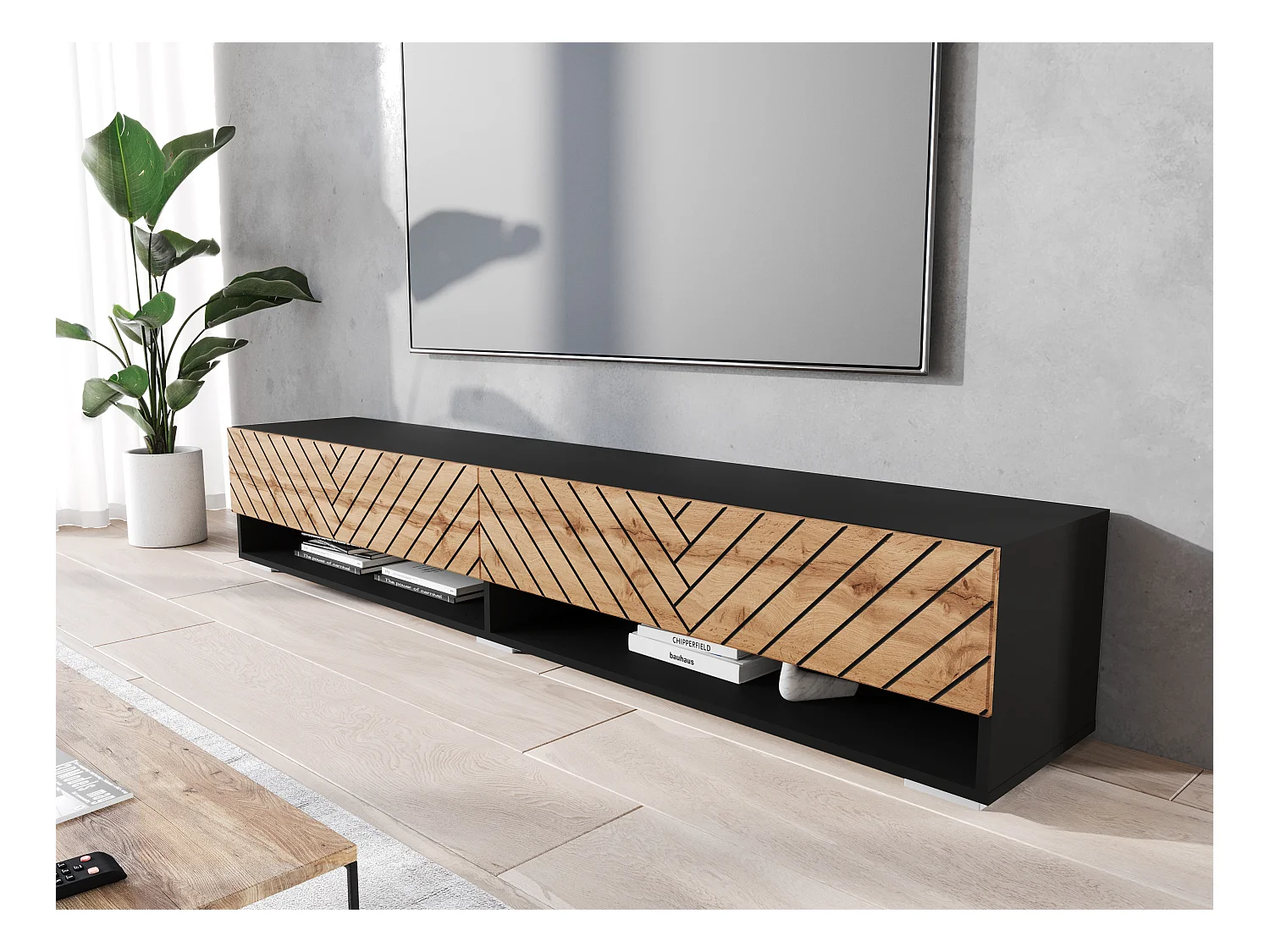 Mueble de TV moderno 180 cm – cuerpo negro mate, frentes MDF roble wotan negro en espiga, sin tiradores, de pie o colgante