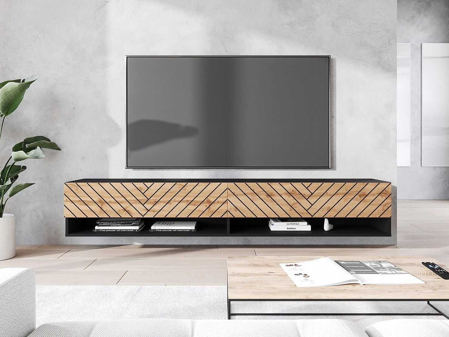 TV-Lowboard A 180 cm, Fernsehschrank, Wohnzimmermöbel, ohne LED-Beleuchtung, Farbe Wotan/Schwarz Fischgrätenmuster