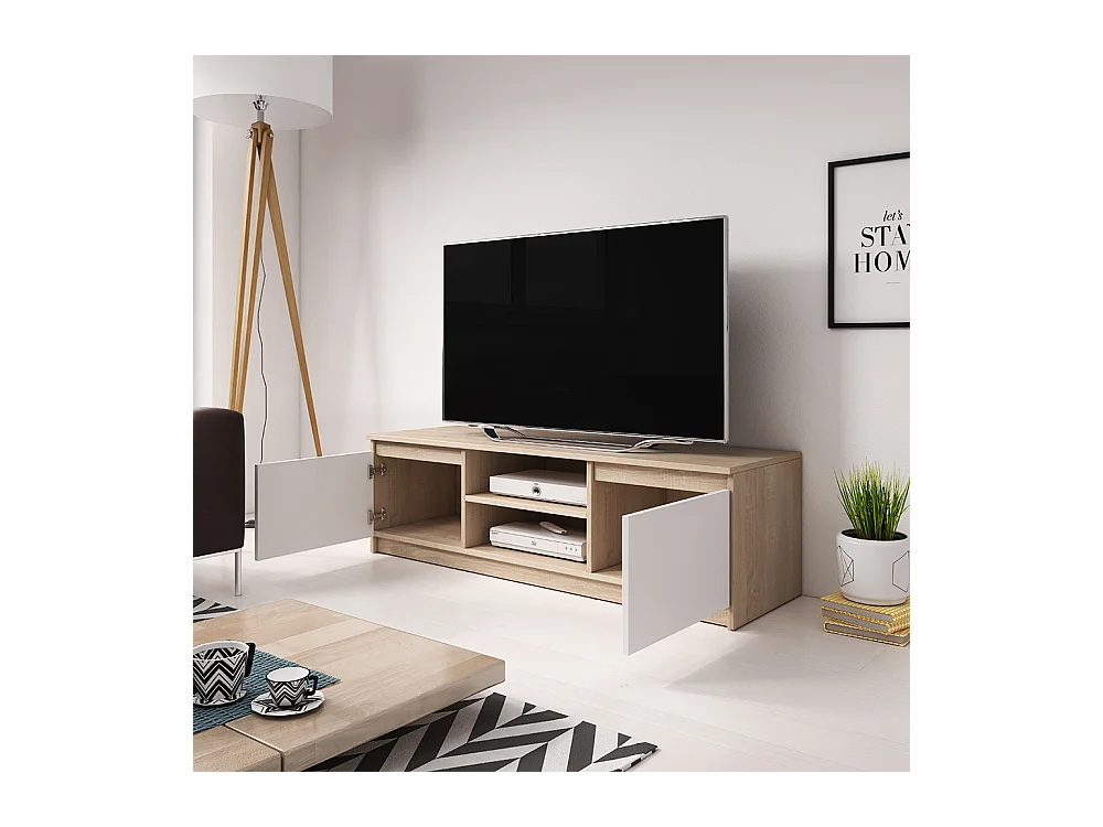 Prosta szafka RTV 120 cm, pod telewizor, 2 szafki i półki, korpus dąb sonoma, fronty biały mat