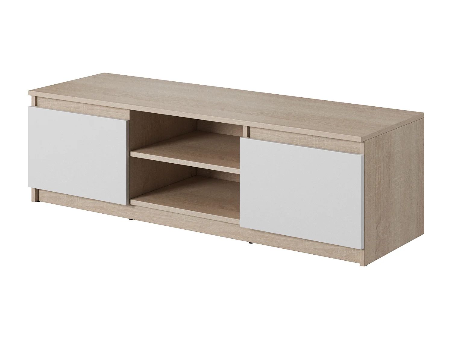 Meuble TV simple 120 cm, pour téléviseur, 2 placards et étagères, corps chêne sonoma, façades blanc mat