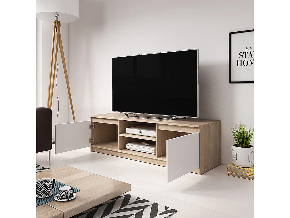 Meuble TV simple 120 cm, pour téléviseur, 2 placards et étagères, corps chêne sonoma, façades blanc mat