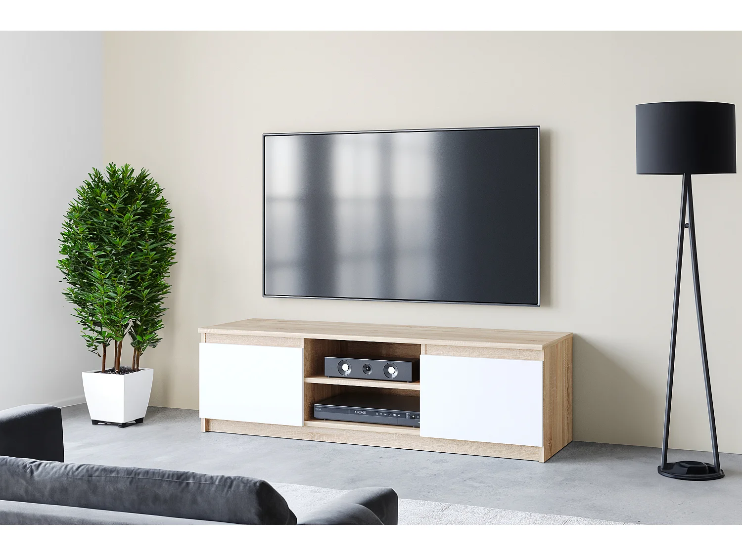 Meuble TV simple 120 cm, pour téléviseur, 2 placards et étagères, corps chêne sonoma, façades blanc mat