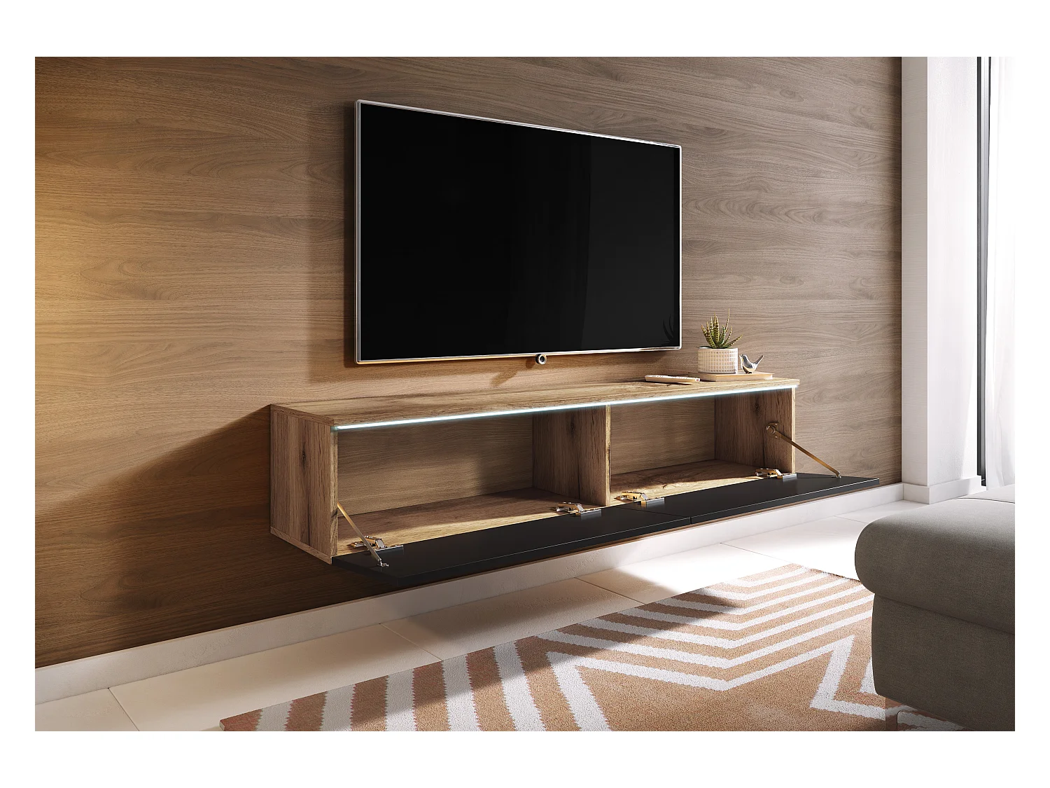 Moderne TV-meubel 140 cm voor woonkamer – 2-deurs, greeploos, romp wotan eiken mat / fronten zwart hoogglans, staand of hangend