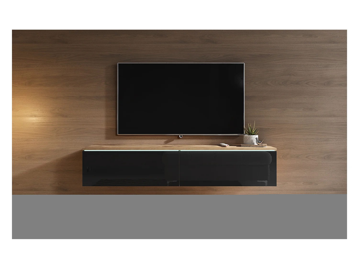 Moderne TV-meubel 140 cm voor woonkamer – 2-deurs, greeploos, romp wotan eiken mat / fronten zwart hoogglans, staand of hangend