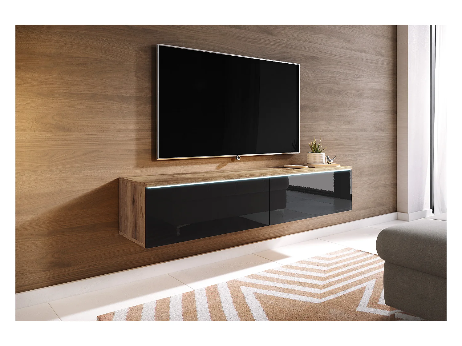 Meuble TV moderne 140 cm pour salon – 2 portes sans poignées, corps chêne wotan mat / façades noir brillant, posé ou suspendu