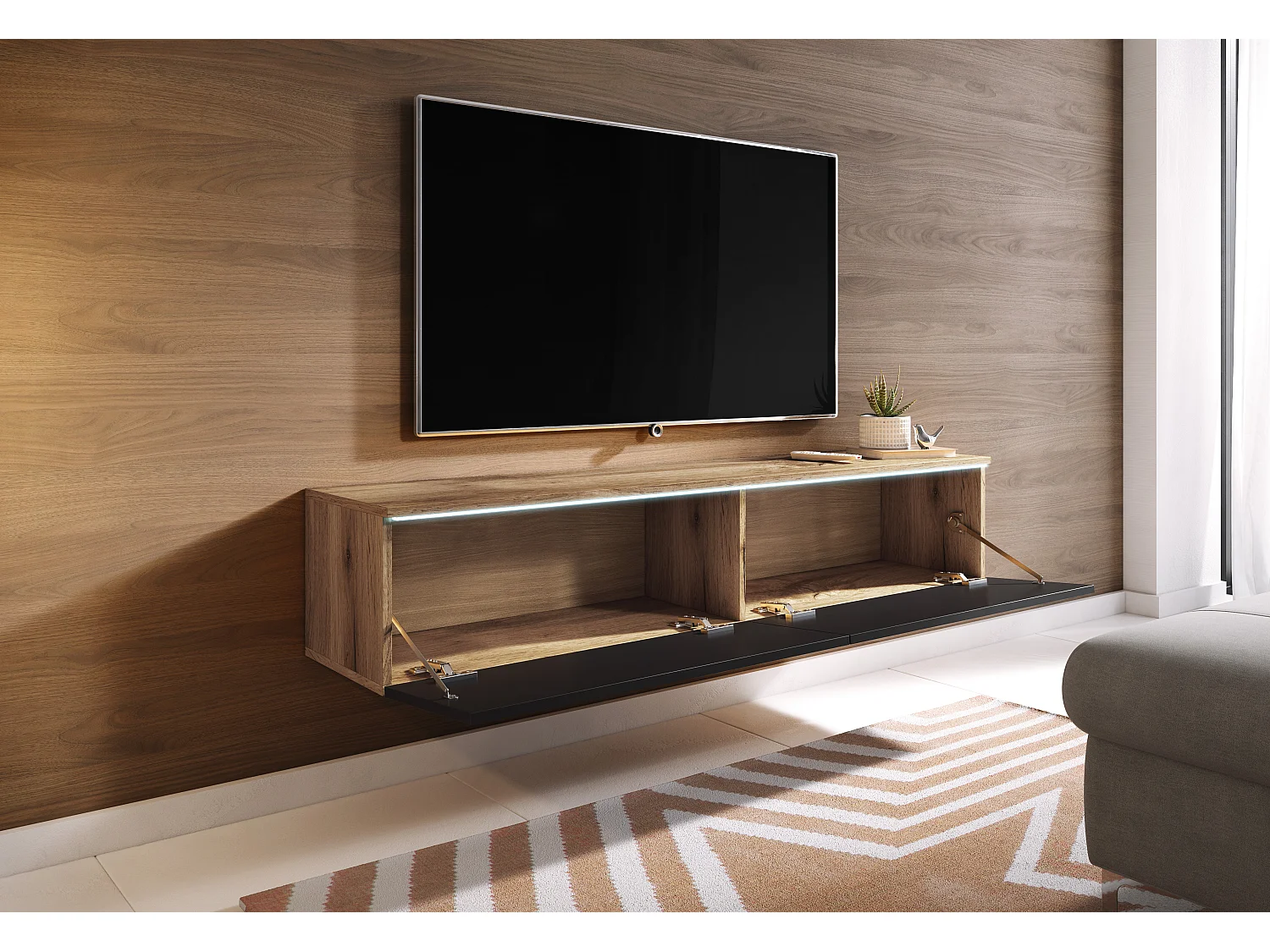 Meuble TV moderne 140 cm pour salon – 2 portes sans poignées, corps chêne wotan mat / façades noir brillant, posé ou suspendu