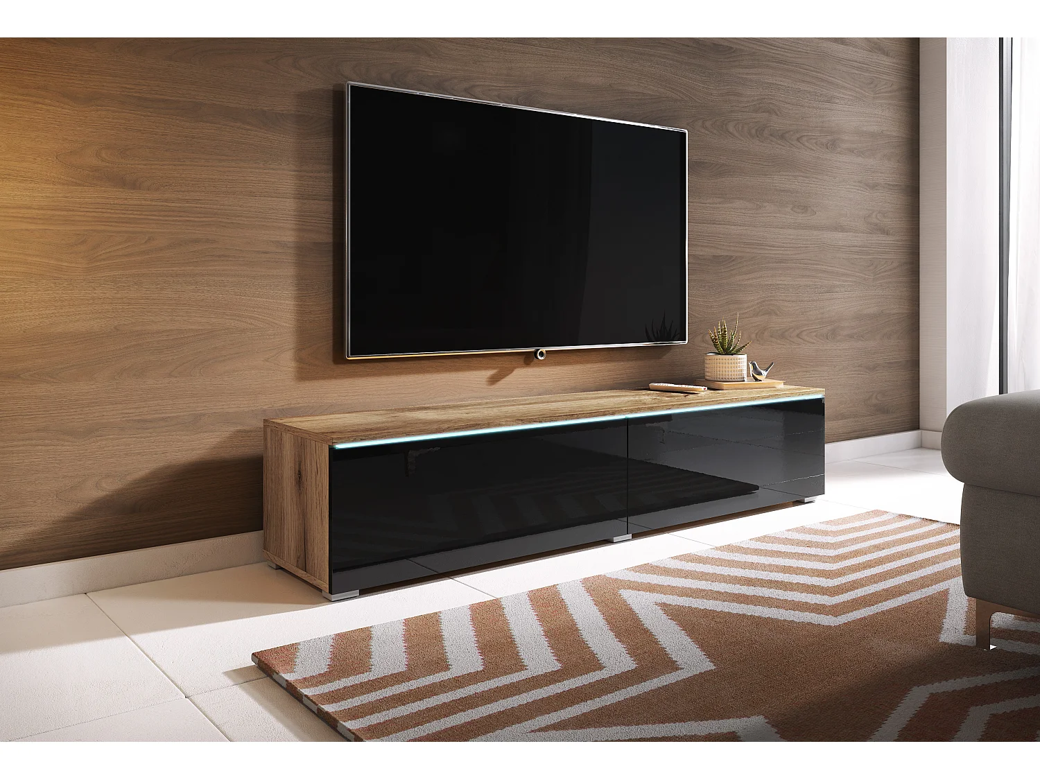 Meuble TV moderne 140 cm pour salon – 2 portes sans poignées, corps chêne wotan mat / façades noir brillant, posé ou suspendu