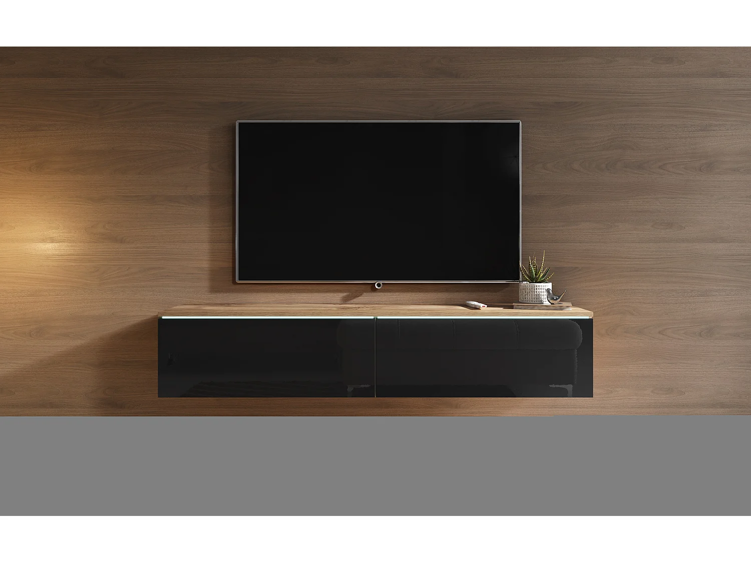 Meuble TV moderne 140 cm pour salon – 2 portes sans poignées, corps chêne wotan mat / façades noir brillant, posé ou suspendu