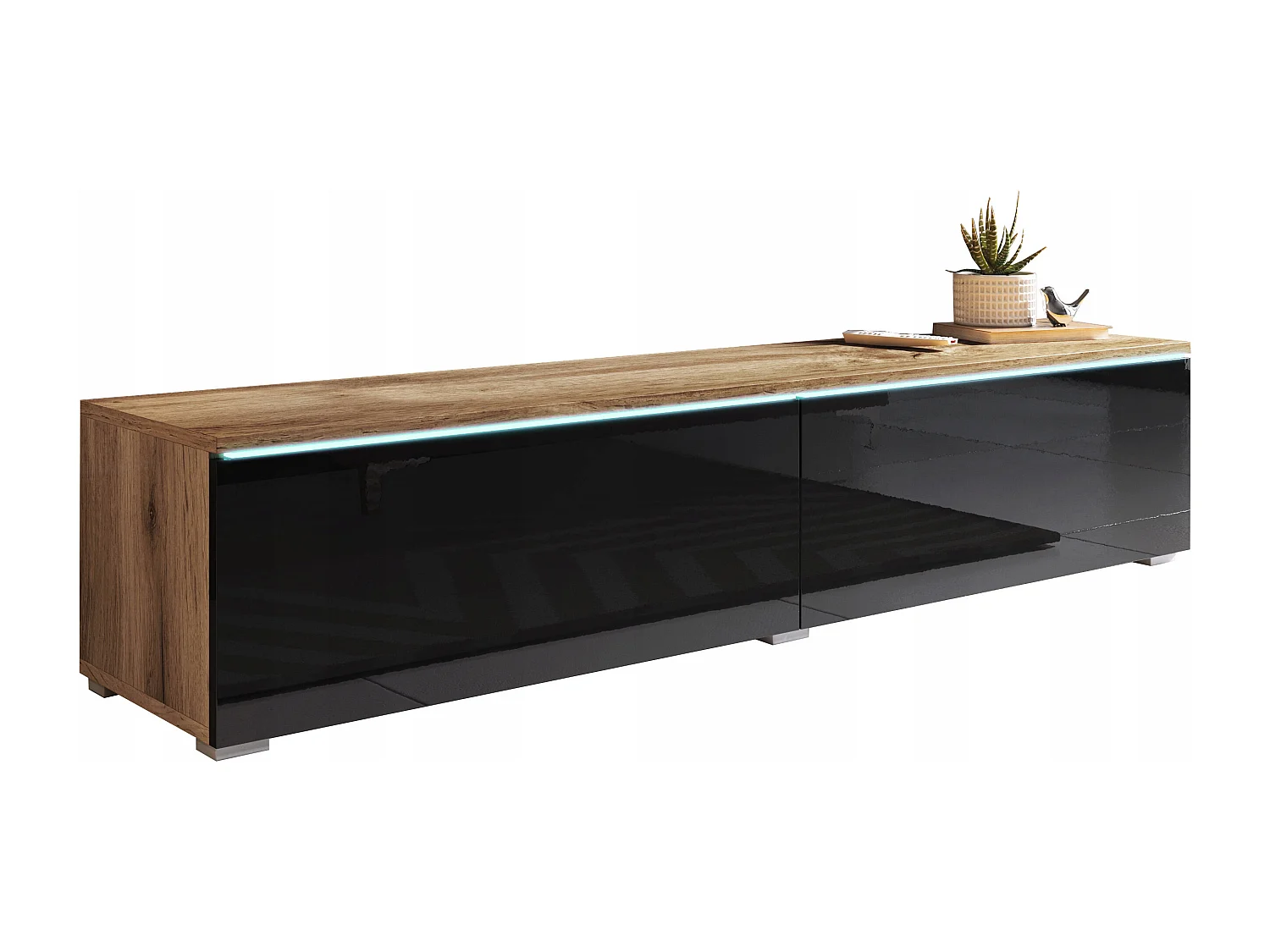 Meuble TV moderne 140 cm pour salon – 2 portes sans poignées, corps chêne wotan mat / façades noir brillant, posé ou suspendu