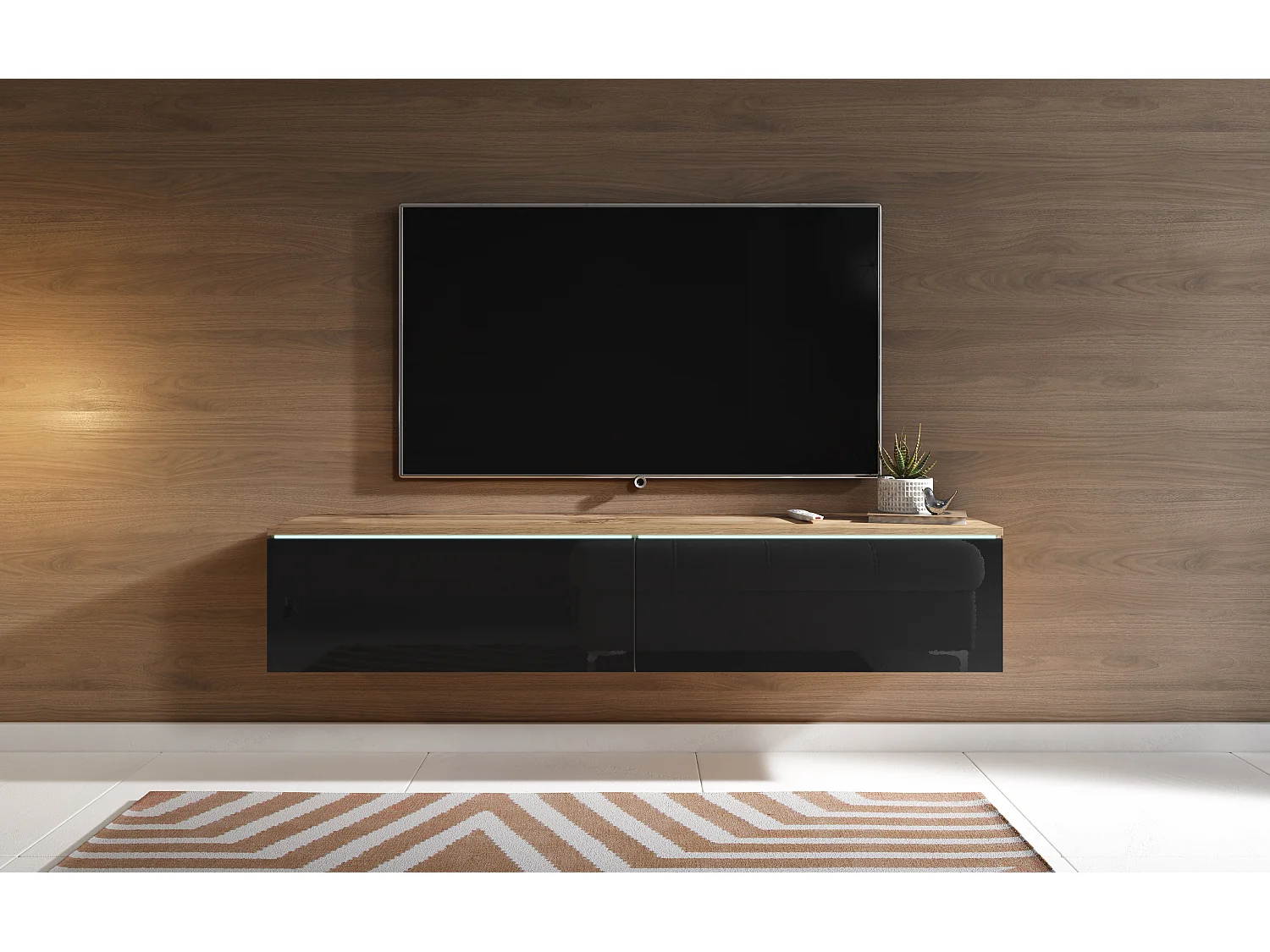 Meuble TV moderne 140 cm pour salon – 2 portes sans poignées, corps chêne wotan mat / façades noir brillant, posé ou suspendu