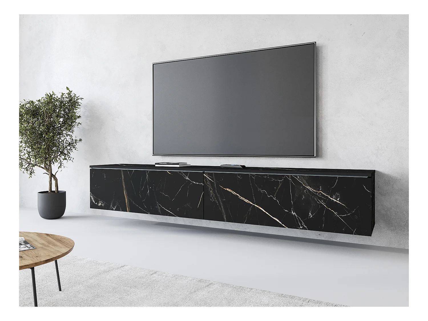 Meuble TV moderne 180 cm pour salon – 2 portes, sans poignées, finition mate, à poser ou à suspendre, san sebastian