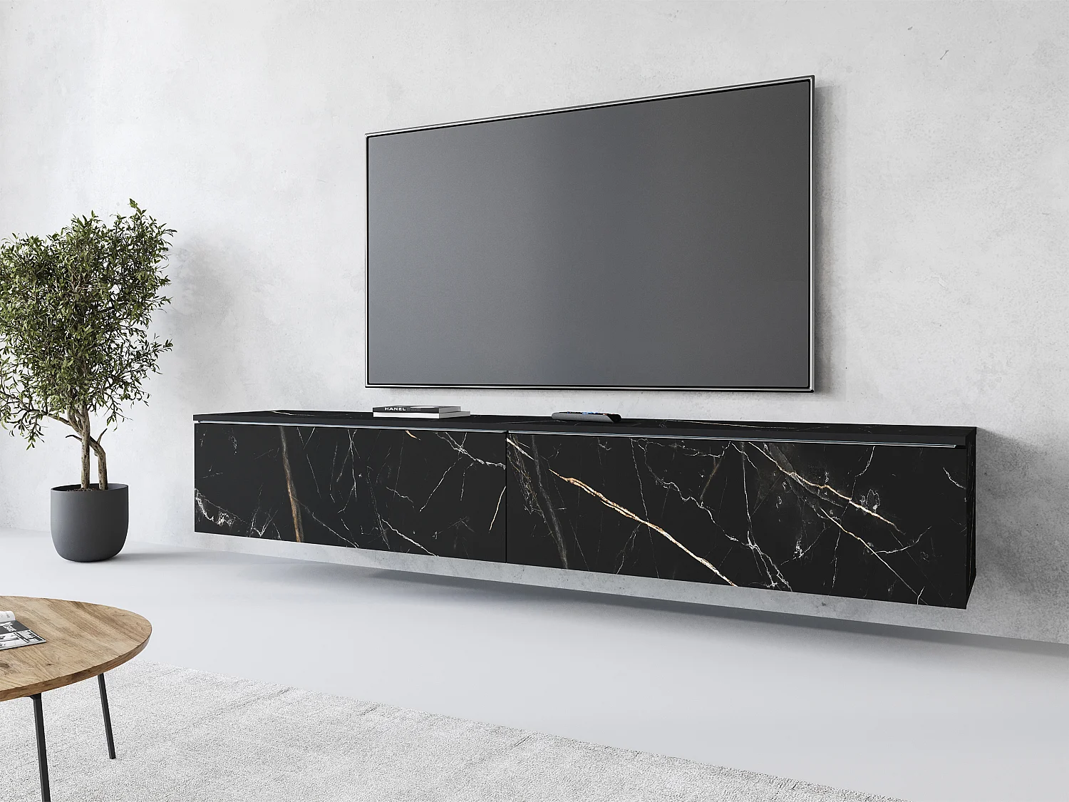 Meuble TV moderne 180 cm pour salon – 2 portes, sans poignées, finition mate, à poser ou à suspendre, san sebastian