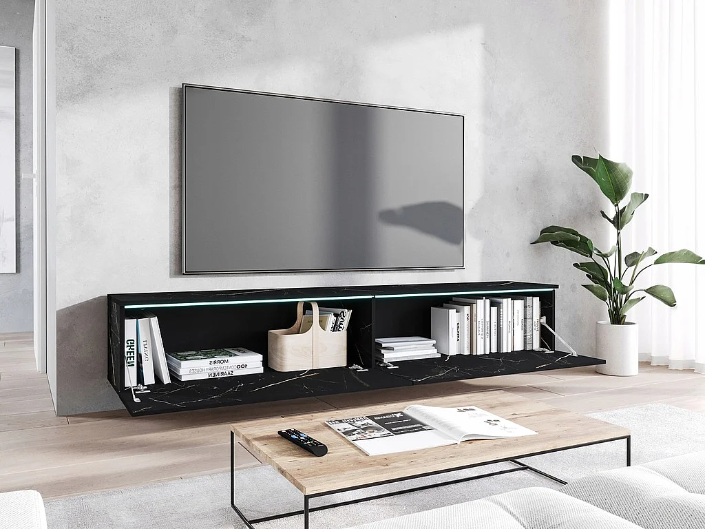 Meuble TV moderne 180 cm pour salon – 2 portes, sans poignées, finition mate, à poser ou à suspendre, san sebastian