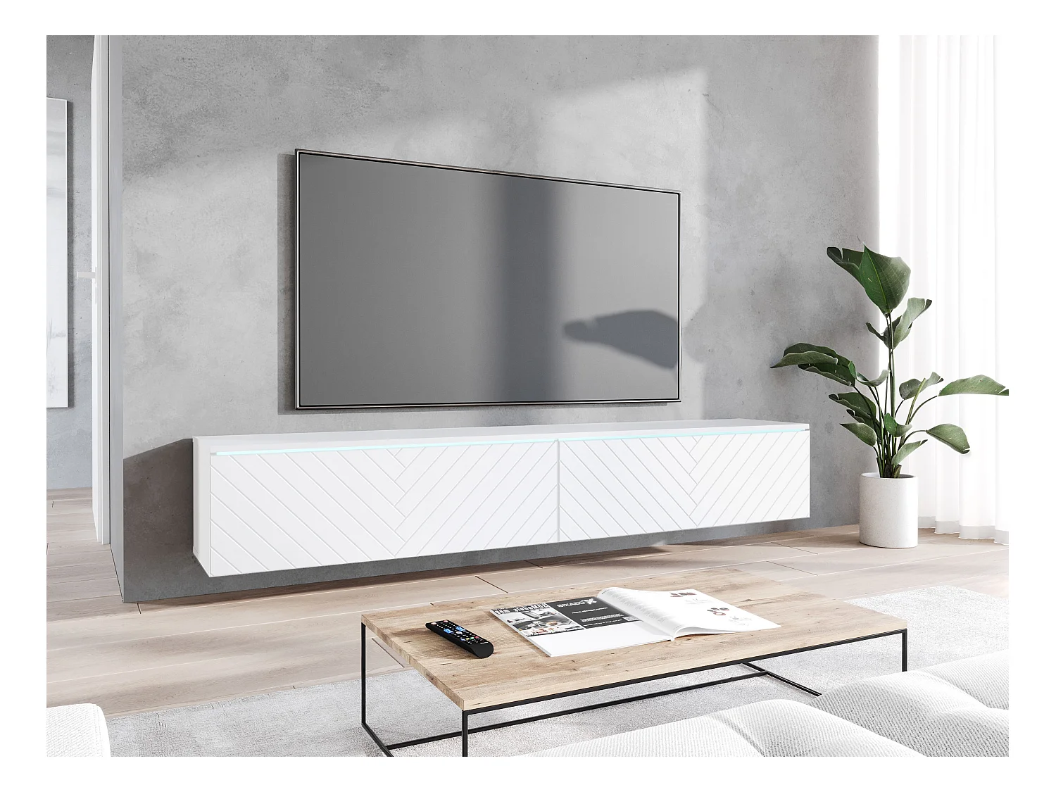 Meuble TV moderne 180 cm pour salon – 2 portes sans poignées, finition mate, posé ou suspendu, façades MDF motif chevron blanc mat