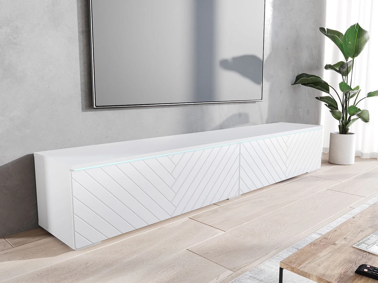Meuble TV moderne 180 cm pour salon – 2 portes sans poignées, finition mate, posé ou suspendu, façades MDF motif chevron blanc mat